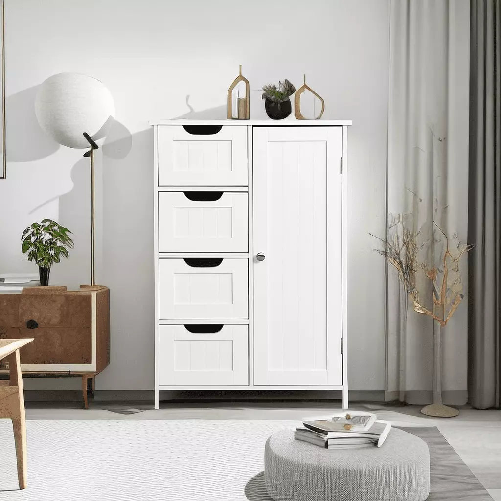 4 Drawer Dresser for Bedroom. White Chest of Drawers with Door for Children . Modern Storage Cabinet. Wood Organizer for Living Room Nursery Bathroom