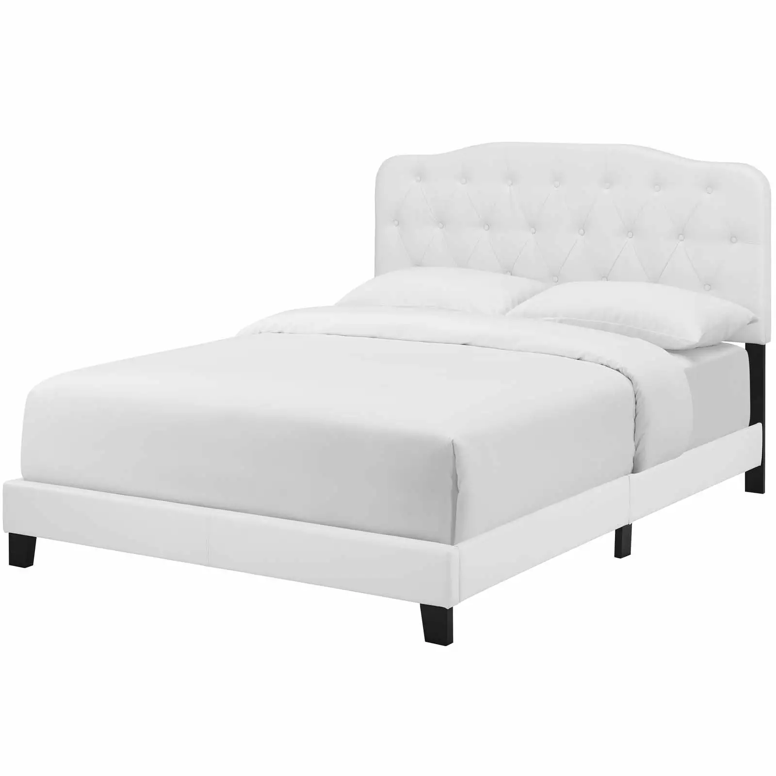 Modern Contemporary Urban Bedroom Full Size Bed Frame. Faux Vinyl Leather. White. Box Spring Required