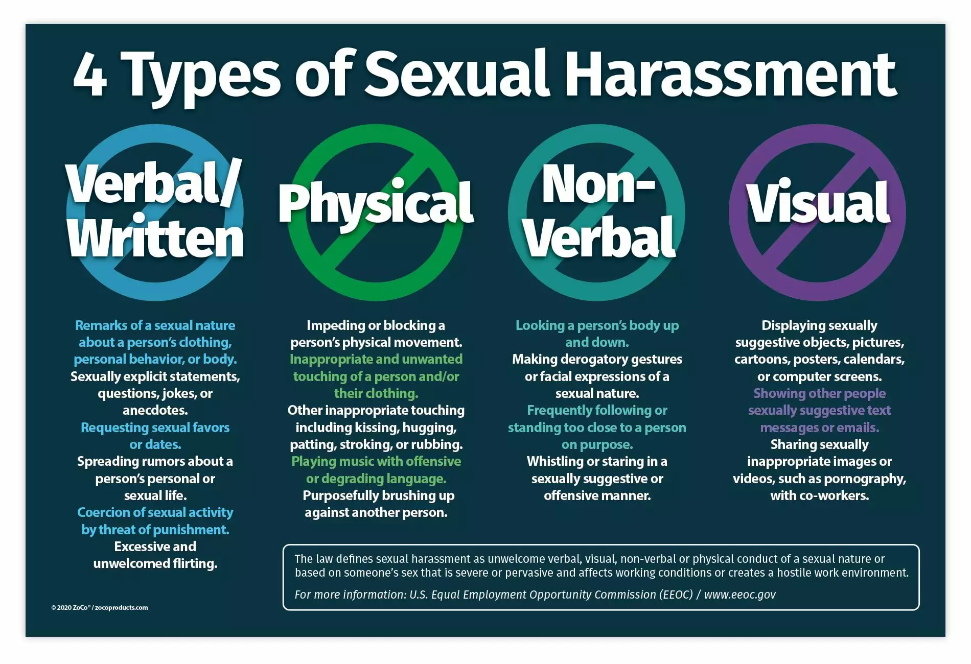 ZoCo Four Types of Sexual Harassment in Workplace Laminated Poster. 12 x 18 in.