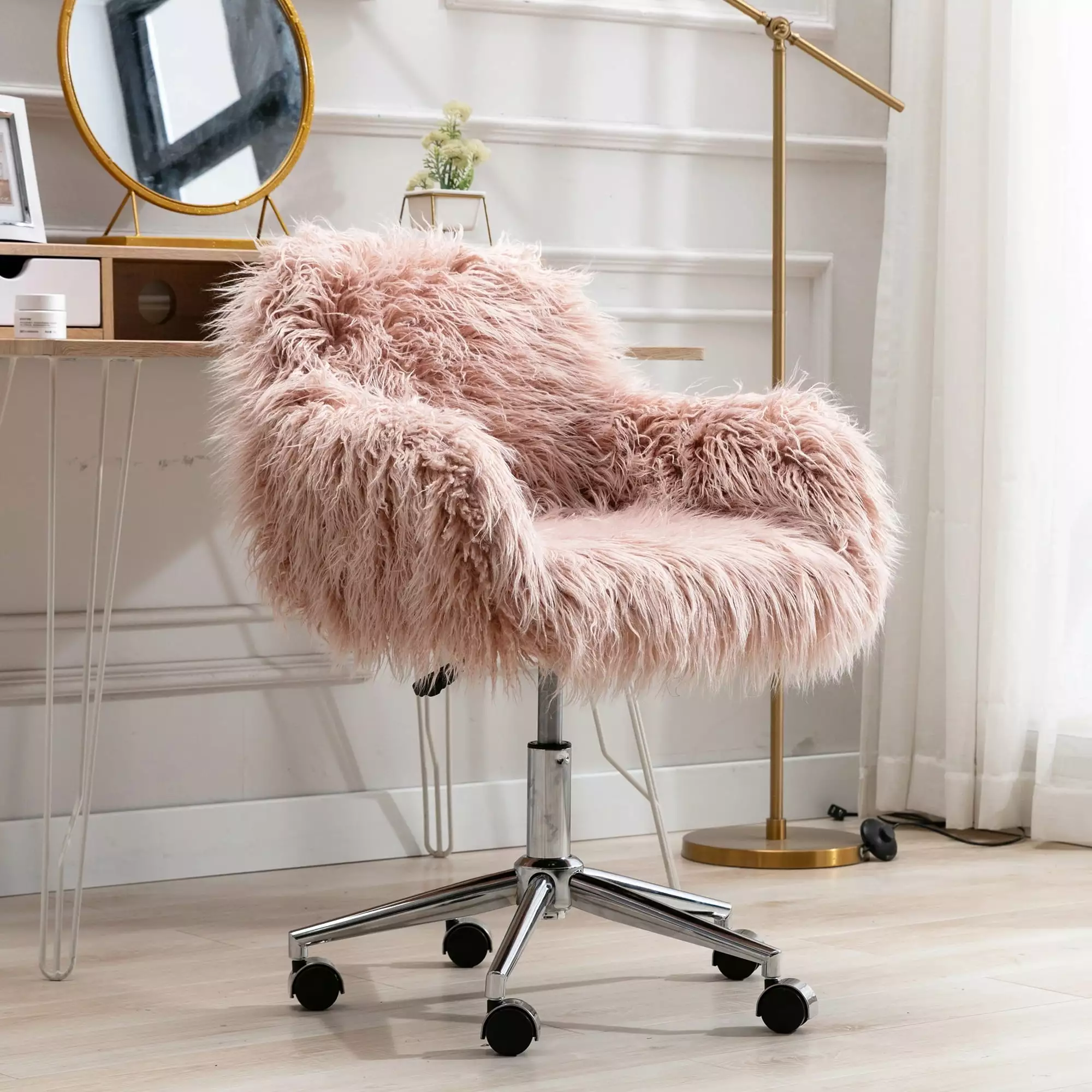 Modern Faux fur home office chair. fluffy chair for girls. makeup vanity Chair