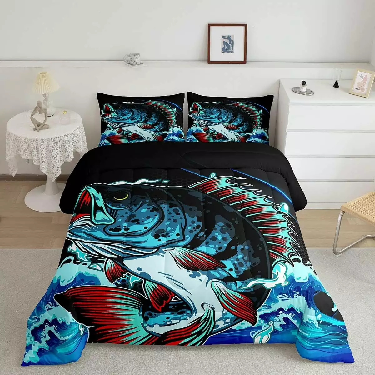 Bass Fish Comforter Set Full for Boys Teens Fishing Lover Hunting Theme Bedding Set. Big Pike Fish Fisherman Hunting and Fishing Duvet Insert Fishing Pike Fish Farmhouse Decor Quilted Duvet