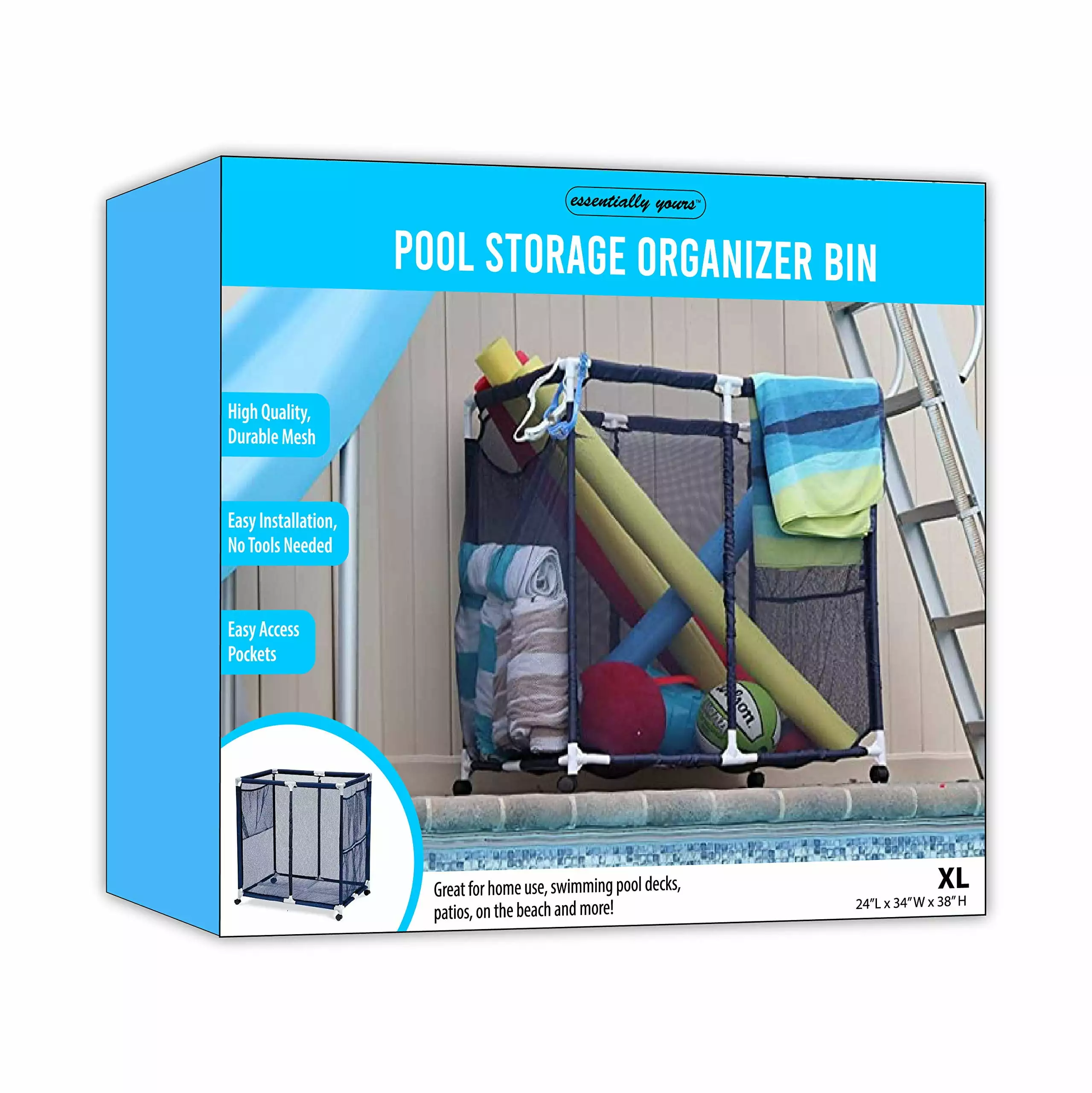 Essentially Yours Pool Floats. Balls. Toys and Equipment Rolling Mesh Organizer Storage Bin. Large. (35 W x 25.4 L x 37.5 H). Blue / White Style 455102