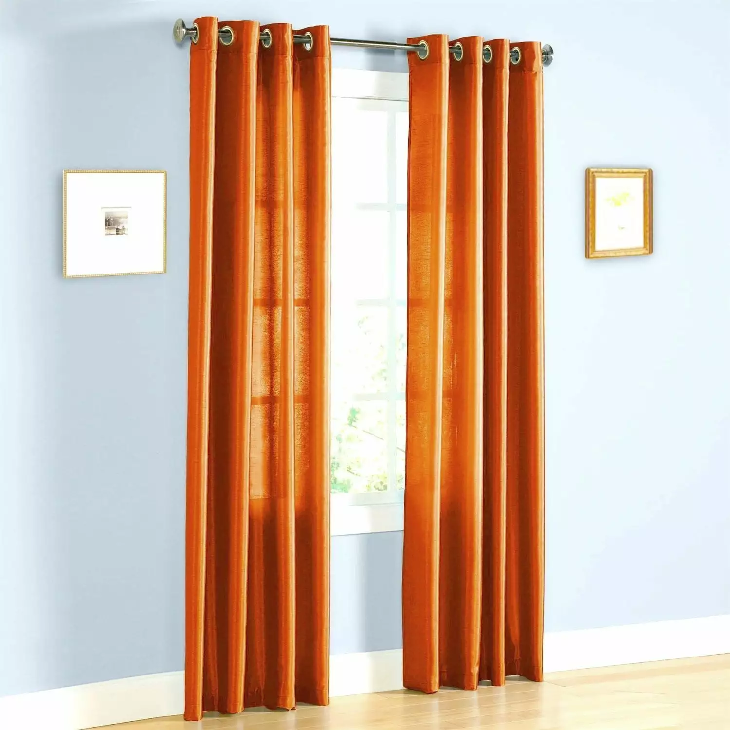 1 PANEL Nancy SOLID ORANGE SEMI SHEER WINDOW FAUX SILK ANTIQUE BRONZE GROMMETS CURTAIN DRAPES 52 WIDE X 95 LENGTH