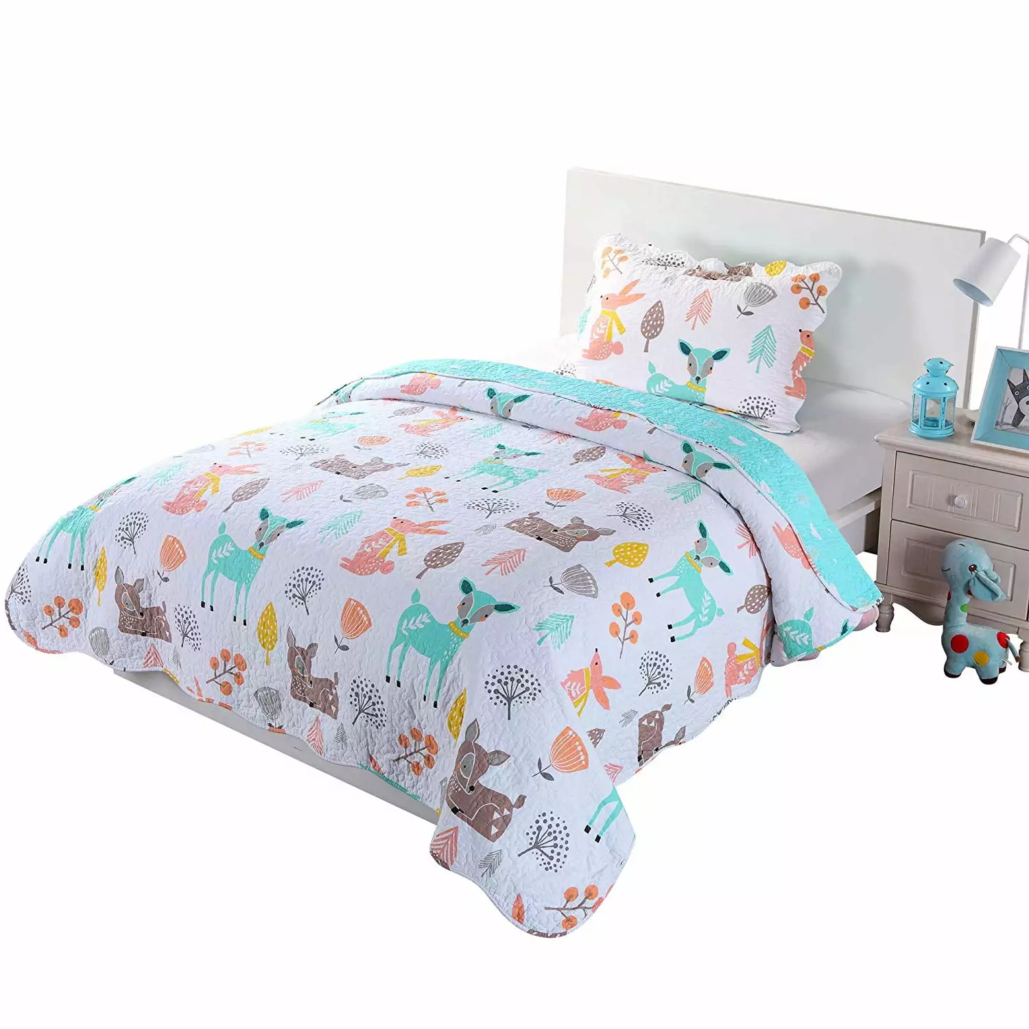 100% Cotton 2 Piece Kids Quilt Bedspread Comforter Set Throw Blanket for Teens Boys Girls Kids Beds Bedding Coverlet Teal Blue Forest Deer