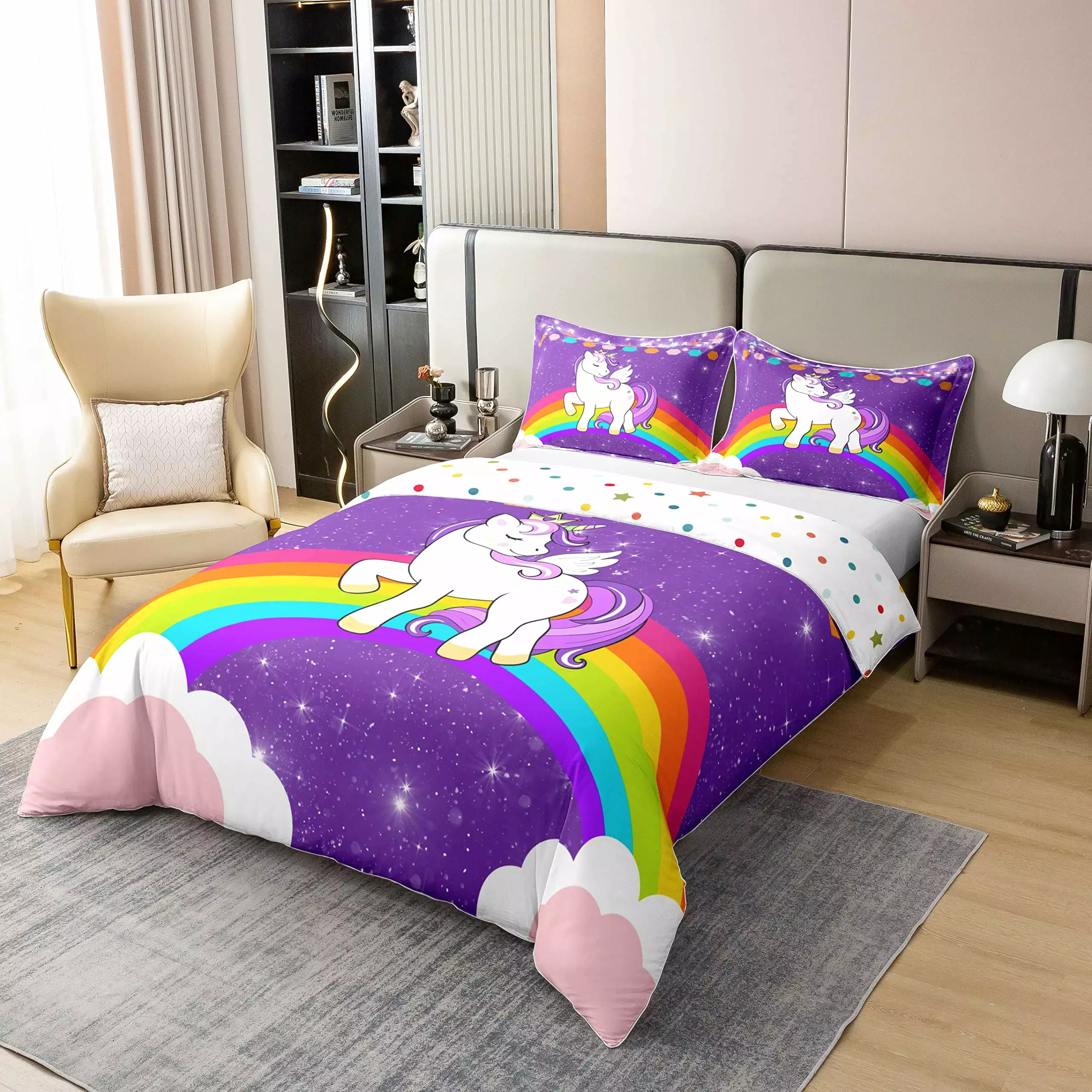 100% Cotton Unicorn Duvet Cover Twin. Rainbow Bedding Set For Girls. Purple Cute Unicorn Glitter Comforter Cover. Kids Cartoon Kawaii Galaxy Stars Fantasy Room Decor Reversible Quilt Cover