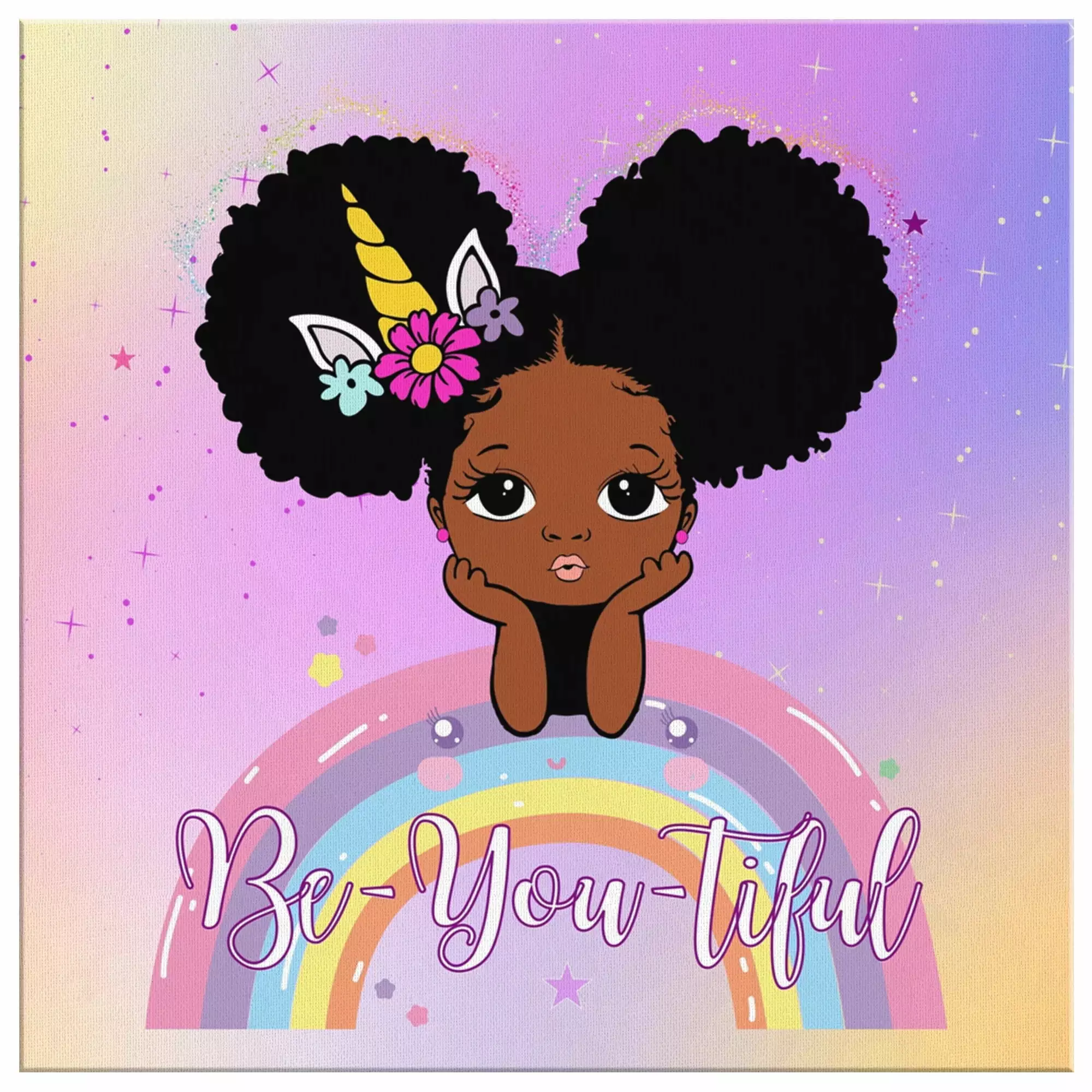 Canvas Art | Be-YOU-tiful Afro Puff Girl | Girls Room Decor | Girls Bedroom | Wall Art | Diversity | 16x16 Square Wall Art | Kids Room Decor| African-American | Princess Decor | Purple Room Decor