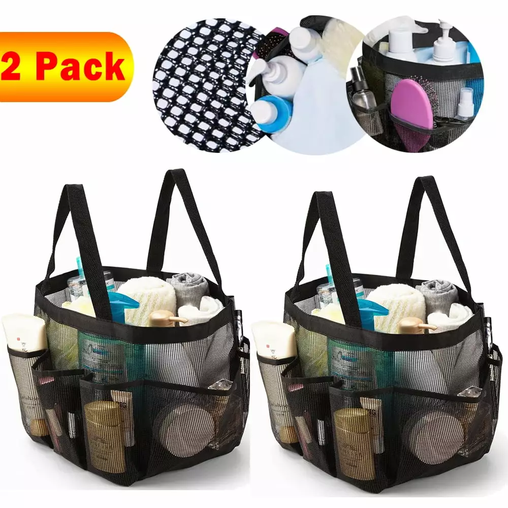 SAYLITA 2 Pack Mesh Shower Caddy. Portable Quick Dry Shower Tote Bag Hanging Bath & Toiletry Organizer with 8 Storage Pockets. Double Handles for College Dorm. Travel. Gym & Camping