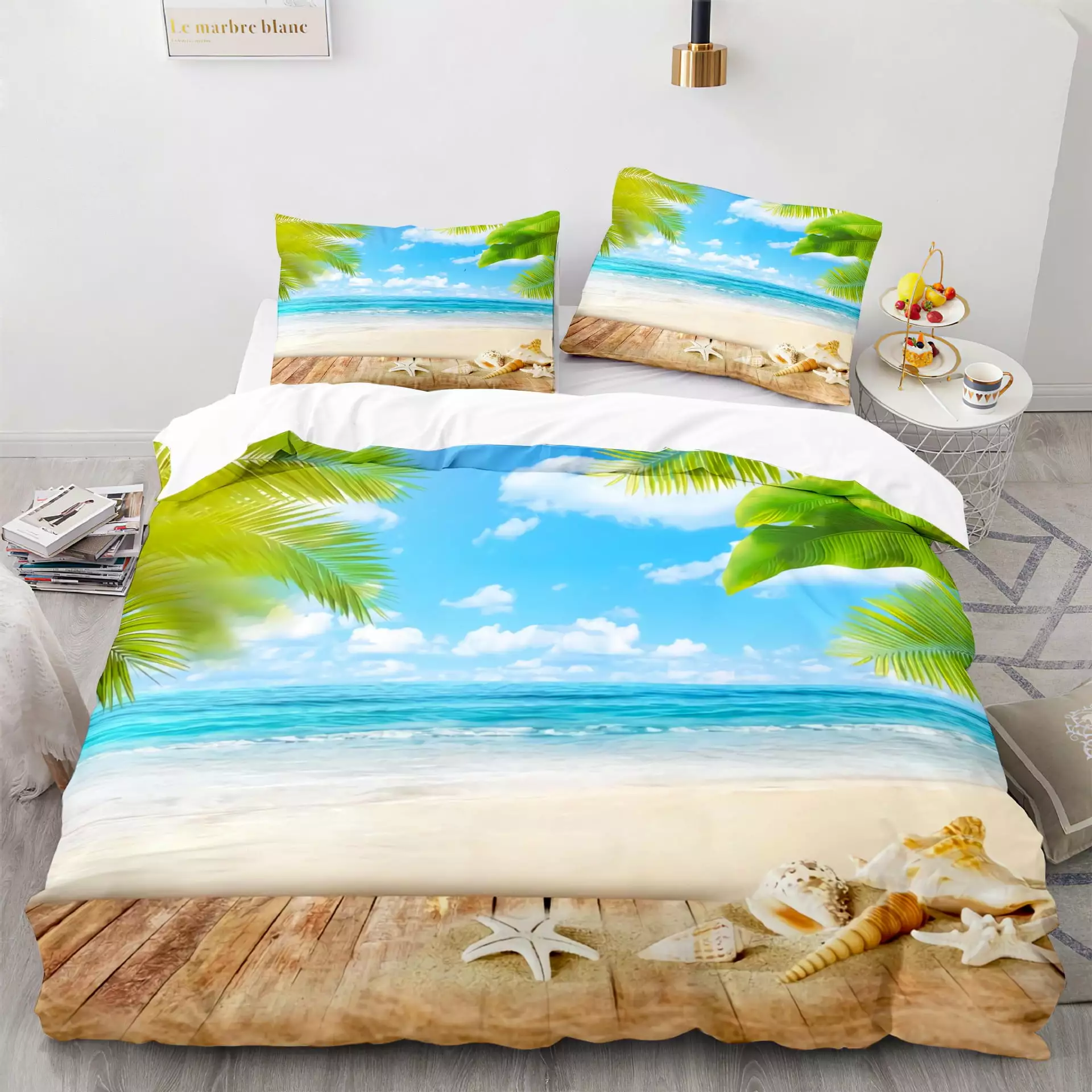 3-Piece Coastal Beach Quilt Set Blue Ocean Theme Bedding Seashell Conch Seahorse Starfish Bed Covers.2 Pillowcases & 1 Quilt Cover