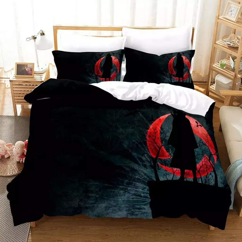 New 3PCS Anime Naruto Bedding Bed Set Twin Full Queen King Size Cool Itachi Akatsuki Action Figures Cosplay -1 Duvet Cover 2 Pillow Cases 3D Printed Anime Quilt Cover Sets for Fans Lover