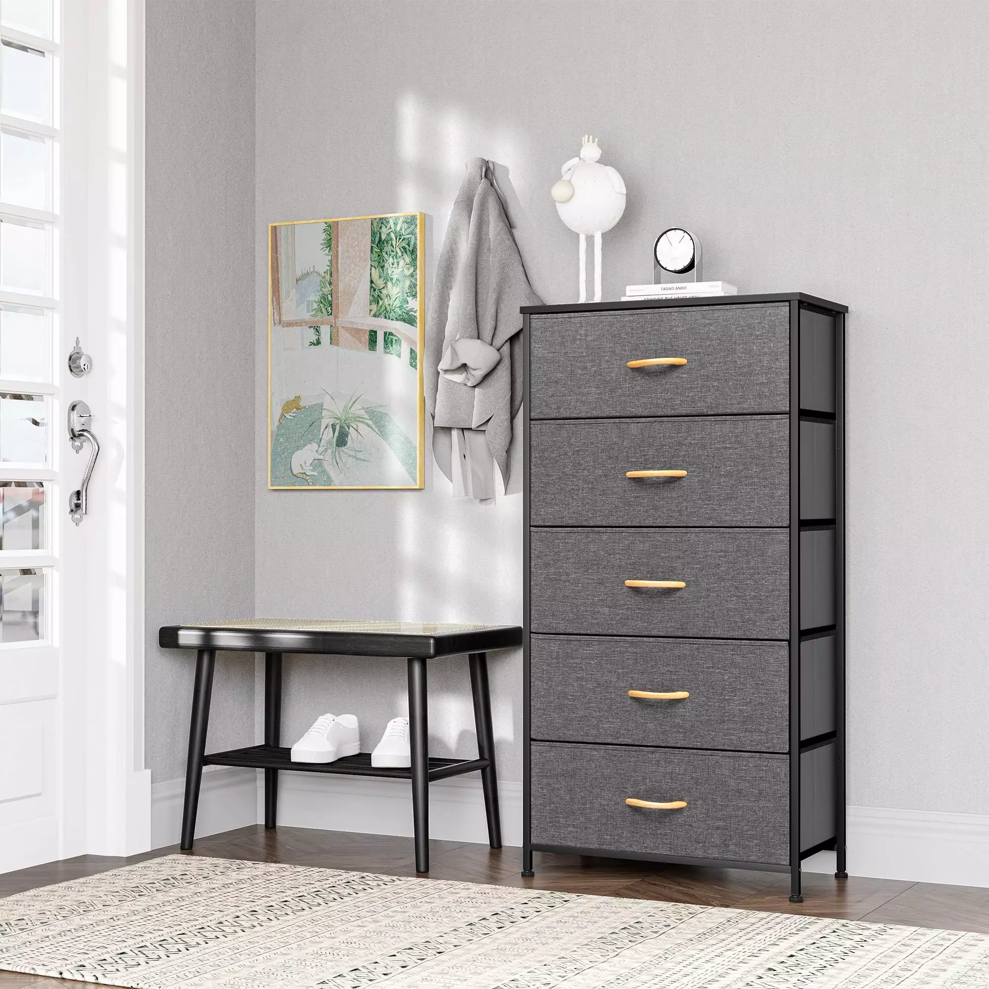 Vredhom Gray 5 Drawer Modern Vertical Dresser Storage Tower Chest