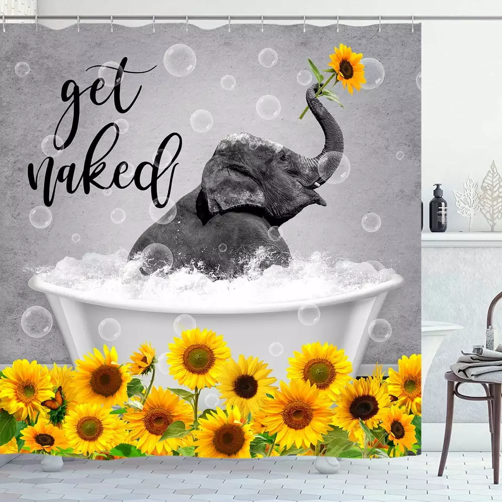 Funny Get Naked Shower Curtain. Cute Elephant Bath in bathtub Sunflower Bubbles Kids Shower Curtain Set. Rustic Animals Waterproof Fabric Bath Curtain for Bathroom Decor With Hooks 69*70in