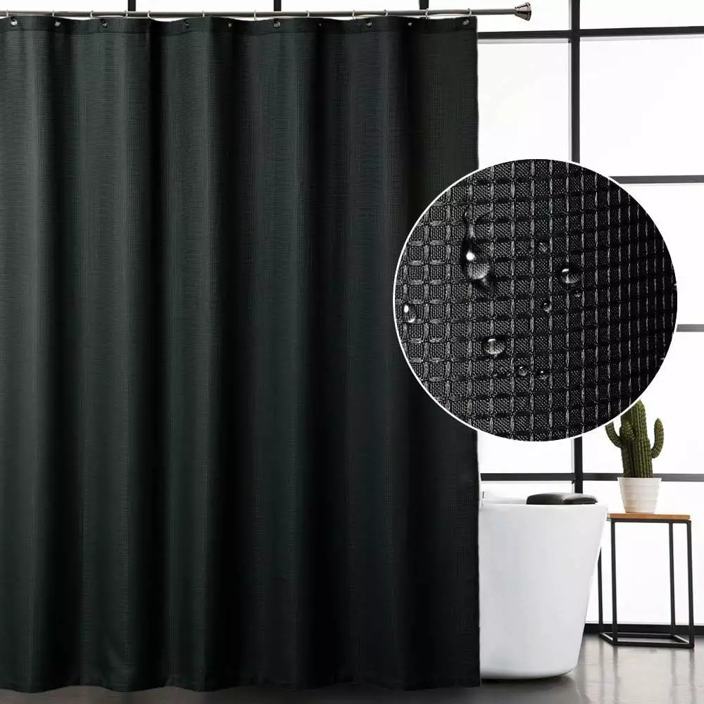 HOMERRY Black Shower Curtain. 72W x 78L. Waffle Weave Polyester Fabric Shower Curtain for Bathroom Washable