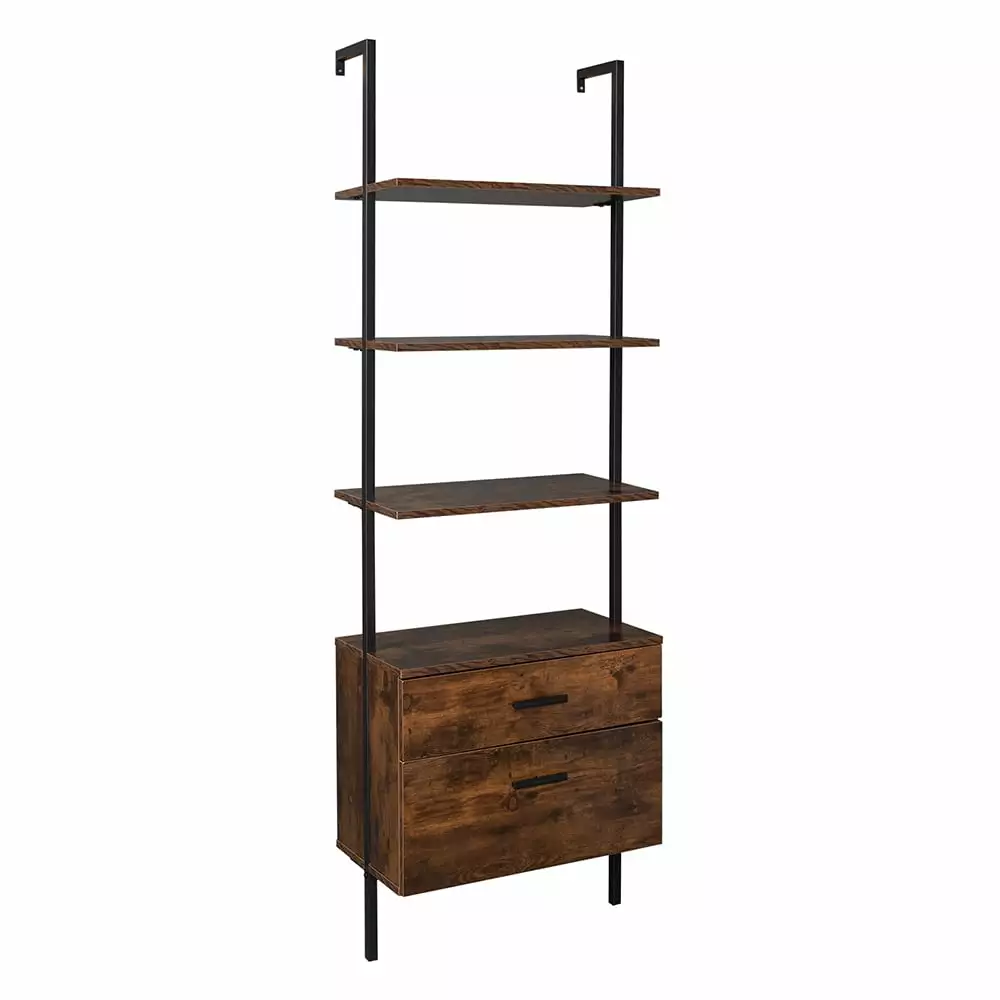 kepooman 5-Tier Industrial Bookshelf with Wood Drawers and Matte Steel Frame. Vintage Display Case Storage Shelves Bookcase Plant Flower Stand for Living Room Furniture Home Office. Vintage Black