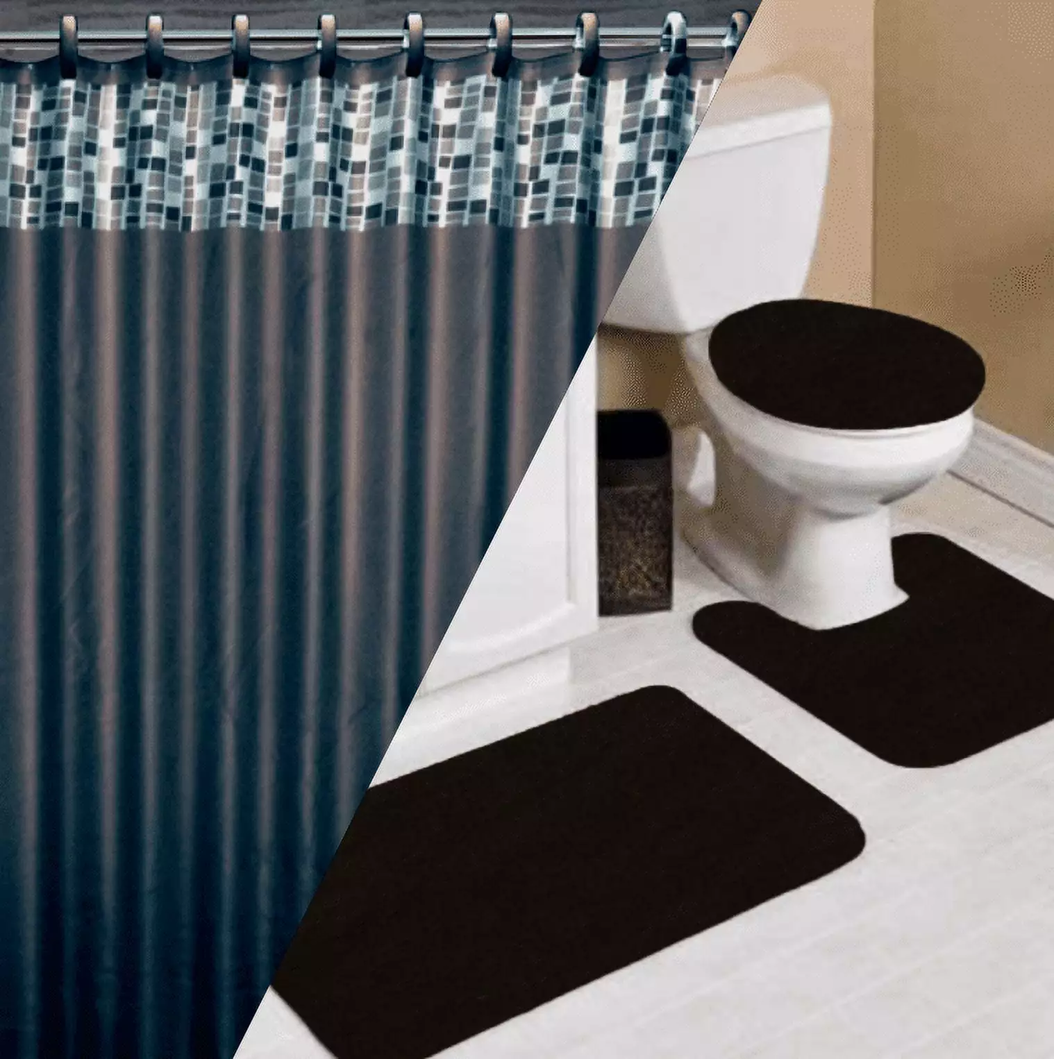 16PC MOSAIC BLACK COMPLETE BATHROOM MATS SHOWER CURTAIN HOOKS SET NEW MODERN DESINGS