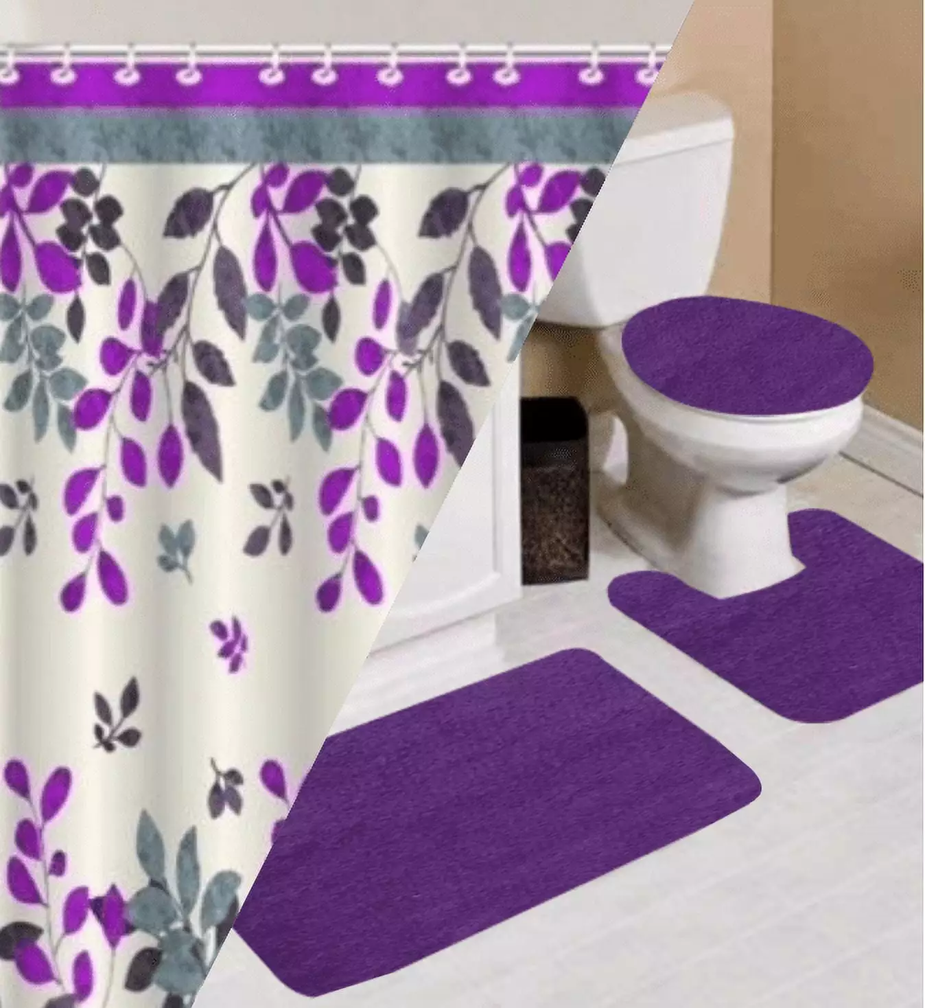 16PC Mosaic Purple complete bathroom mat shower curtain hooks set modern new design home decor