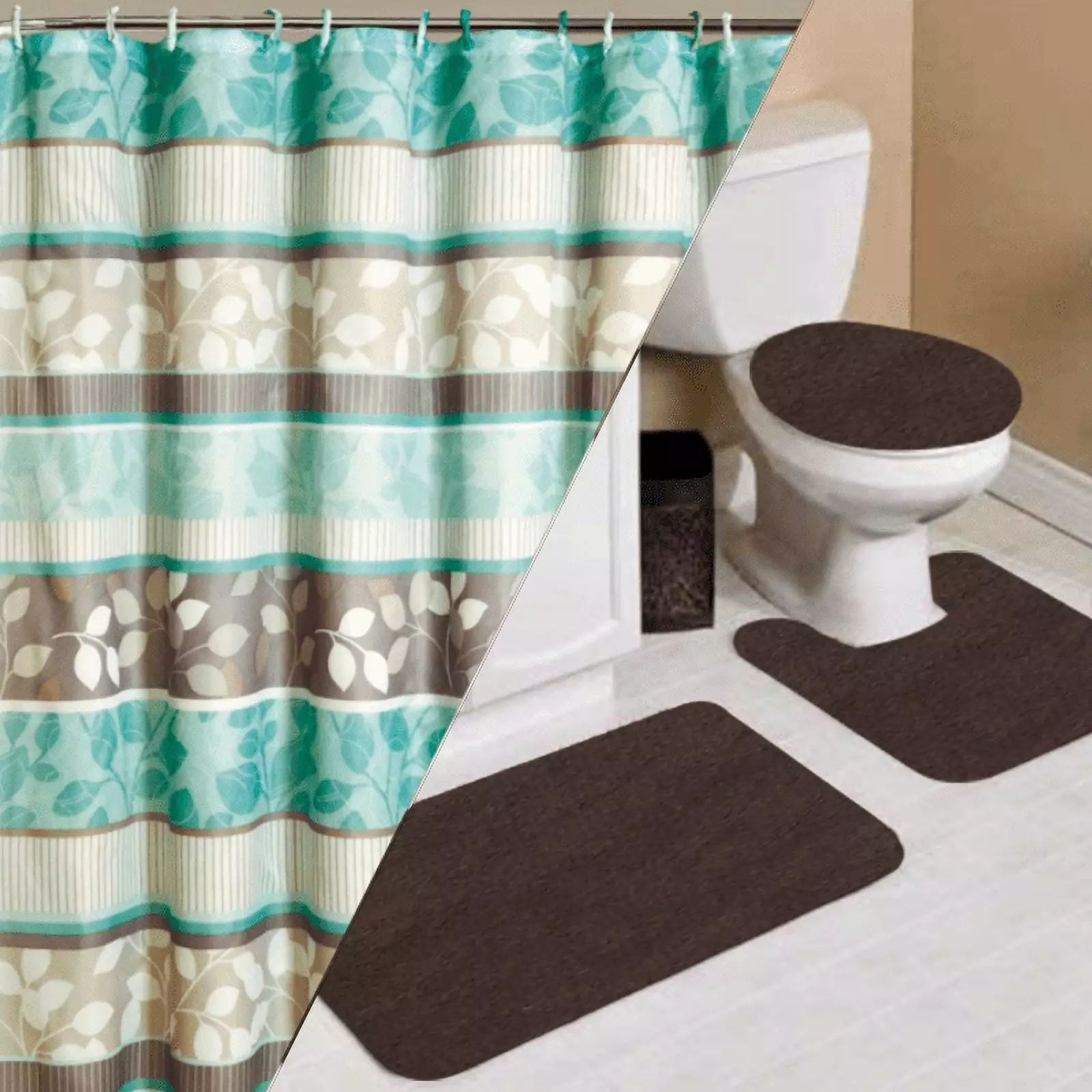 16PC Zen Brown complete bathroom mat shower curtain hooks set modern new design home decor