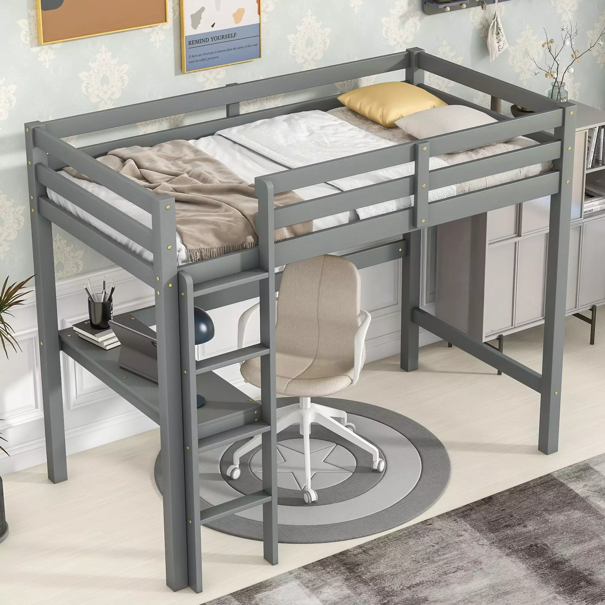 paproos Twin Loft Bed with Desk. New Upgraded Wood Loft Bed Frame with Safety Guardrail and Ladder. Easy Assembly. Twin Size Loft Bed for Kids Teens Adult. 200lbs Capacity. Gray