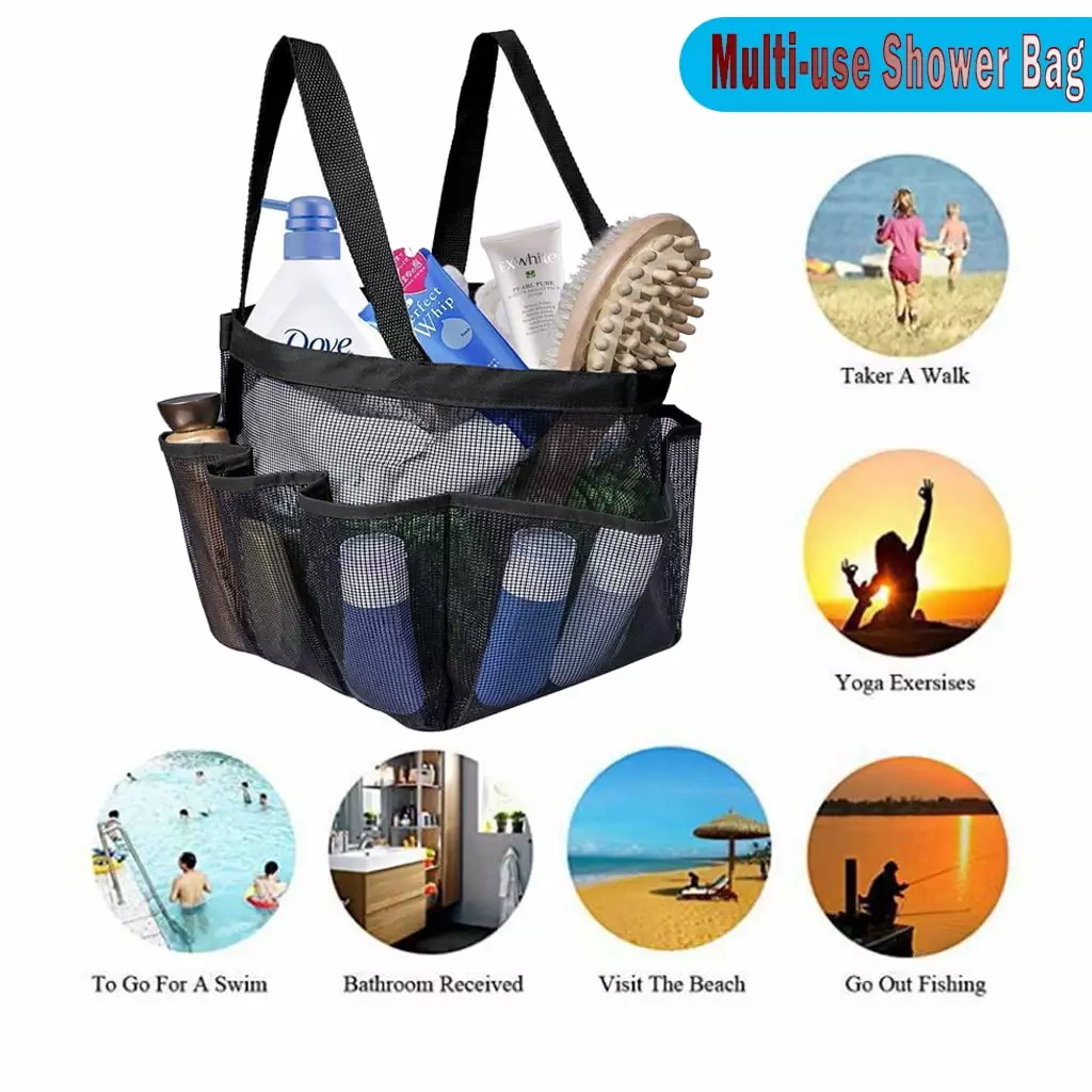 MAINYU Mesh Shower Caddy. Portable Quick Dry Shower Tote Bag Hanging Bath & Toiletry Organizer with 8 Storage Pockets. Double Handles for College Dorm. Travel. Gym & Camping