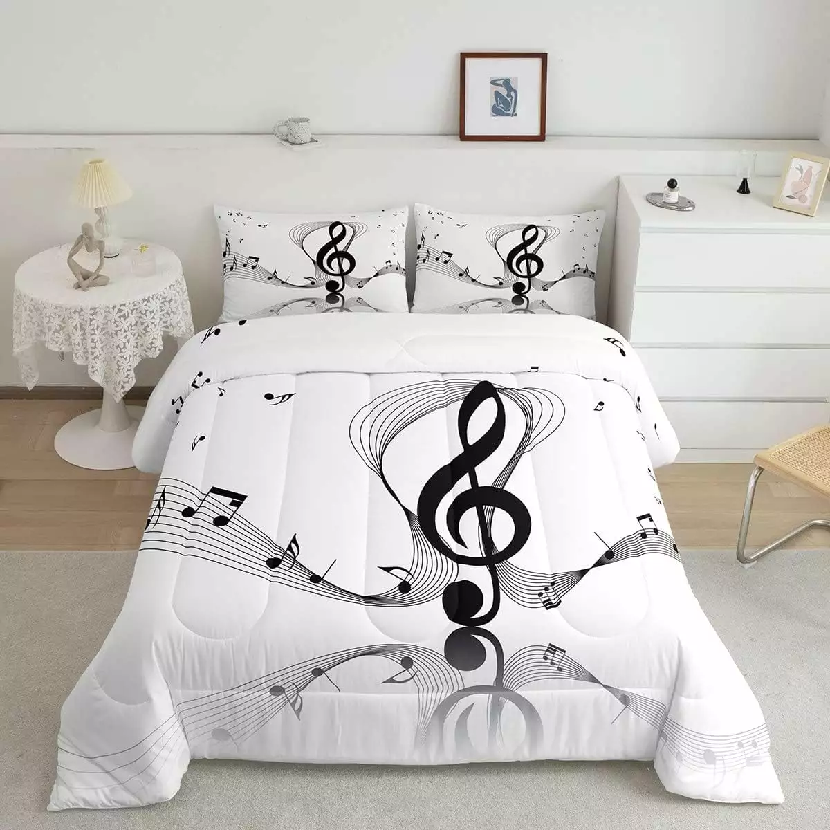 YST Girls Musical Notes Comforter Set. Kids Musical Staves Pattern Down Comforter Queen Size. Music Theme Hip Hop Bedding Set for Boys Teens Women. Modern Simple Quilted Duvet. Black White