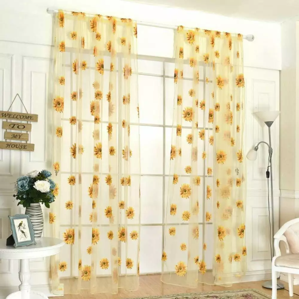 1Pc Sunflower Print Sheer Window Panel Tulle Curtains Room Divider Curtains Bedroom.Yellow