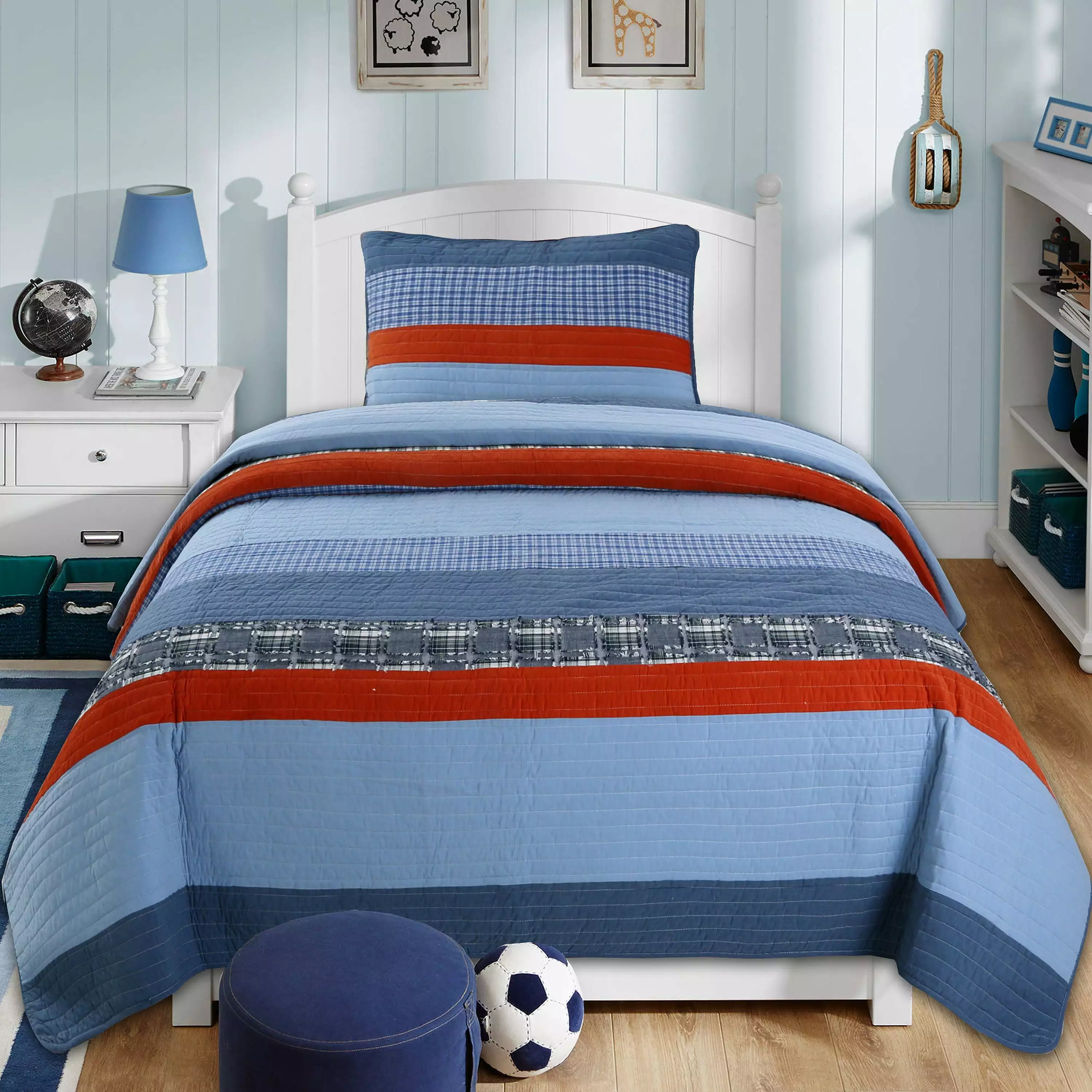 Cozy Line Home Fashions Sailor Navy Red Stripe Denim Cotton Reversible Quilt Set