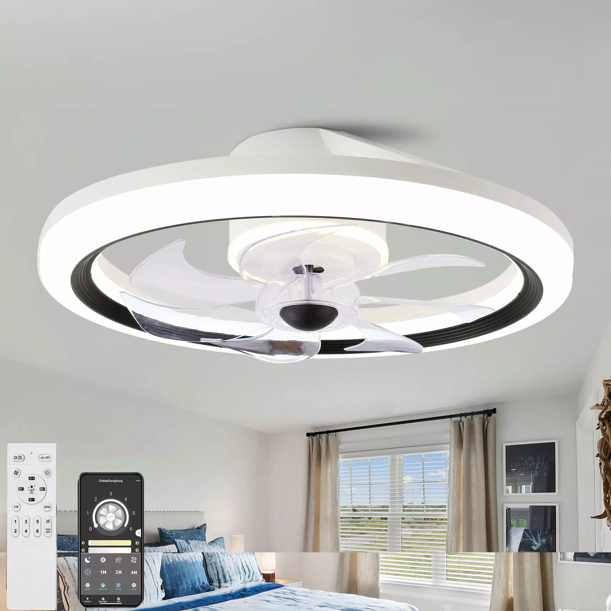 Low Profile Ceiling Fan with Led Light. Reversible Motor. Six Speed. Control with Remote and Smart App