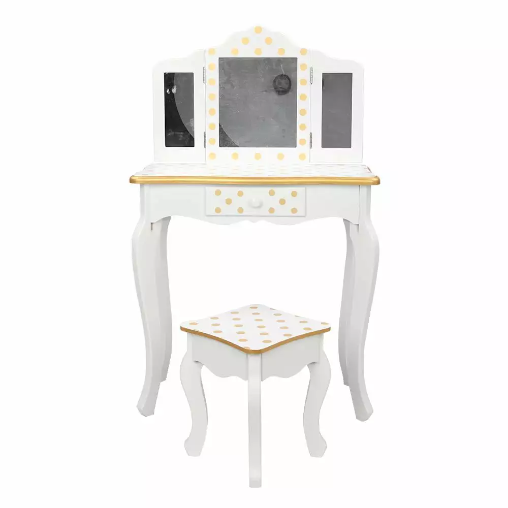 SamyoHome Kids Vanity Table and Stool Set with Three-Fold Mirror. Pretend Play Princess Makeup Dressing Table. Yellow Dots and White