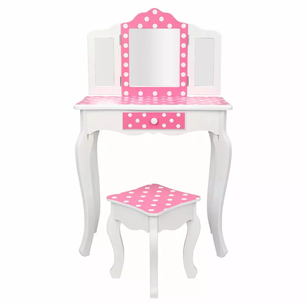 Gzxs Modern Three-Fold Mirror Dresser with Stool Set. Children's Dressing Table with One Drawer. Pink