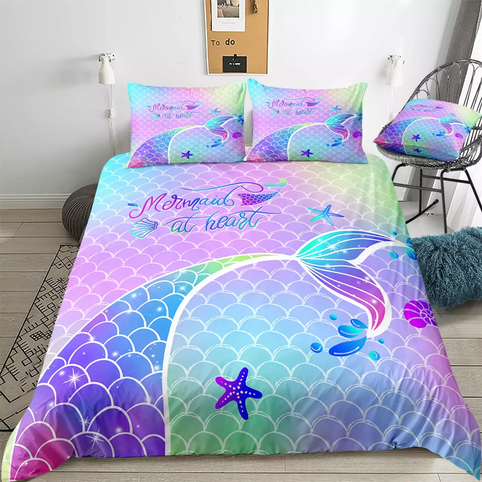 Bedbay 3 Pcs Colorful Scales Duvet Cover Set Queen Mermaid Girls Bedding Sets Blue Purple Scales Pattern Microfiber No Filling