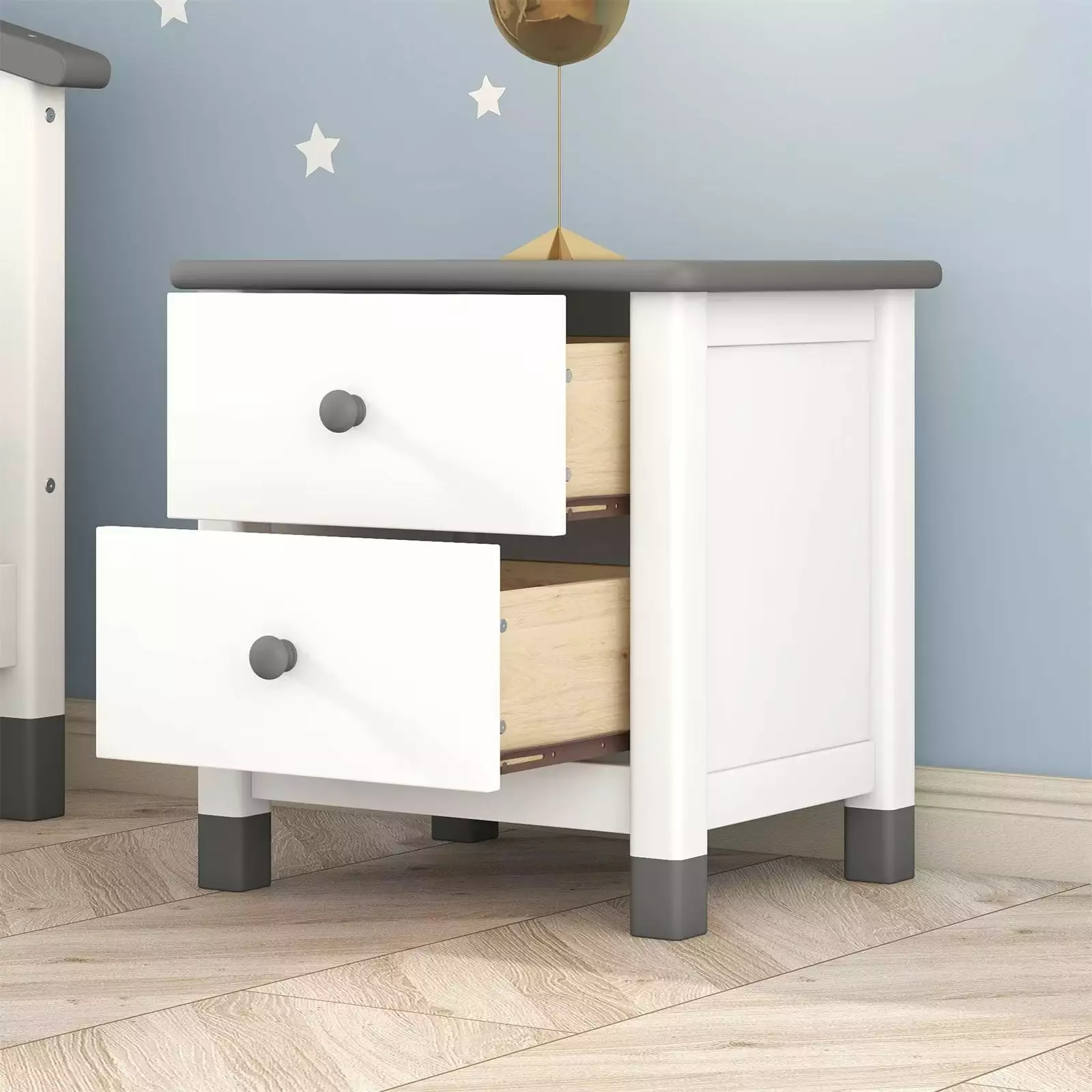 2-Drawer Nightstand. Wooden Bedside Table with Round Handles & Smooth Surface for Kids Adults Bedroom. White&Gray