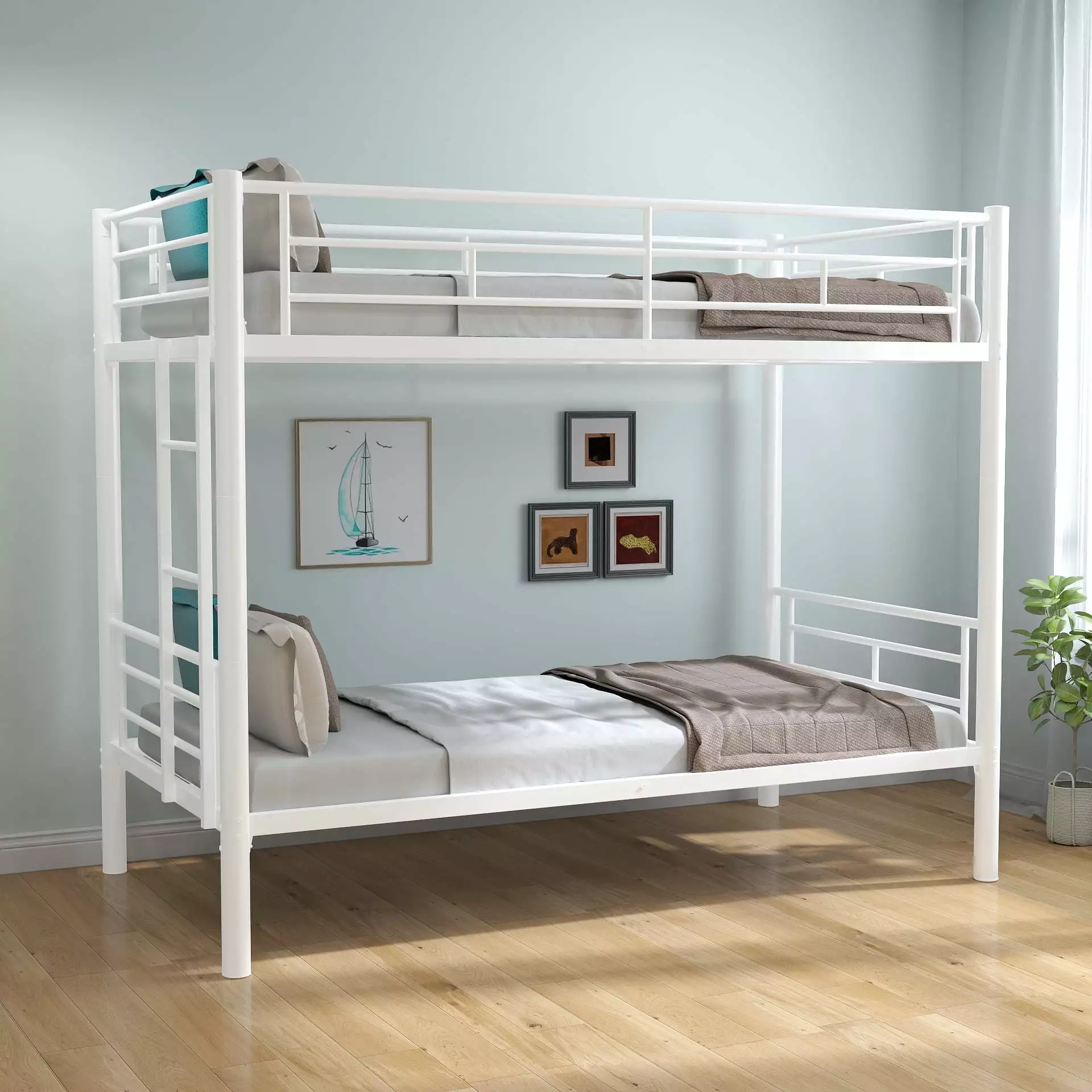 2 IN 1 Metal Bunk Bed Twin Over Twin. Convertible Bunk Beds into 2 Individual Twin Size Bed for Kids Adults. 12.36 High Guard Rail. Space-Saving No Box Spring Needed Easy Assembly. White