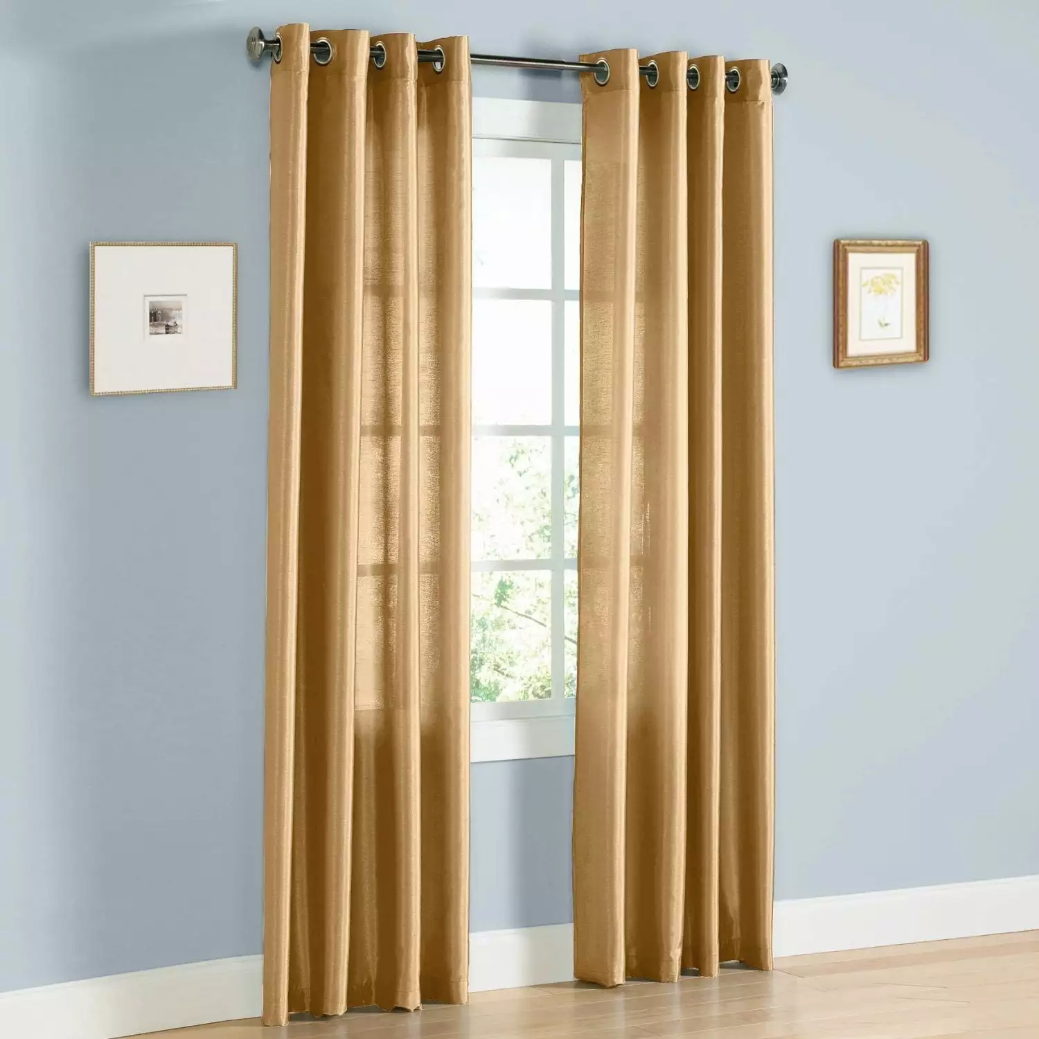 2 PANEL MIRA SOLID GOLD SEMI SHEER WINDOW FAUX SILK ANTIQUE BRONZE GROMMETS CURTAIN DRAPES 55 WIDE X 63 LENGTH EACH PC