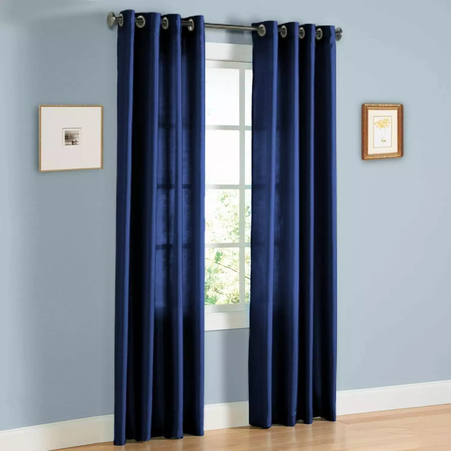 2 PANEL MIRA SOLID NAVY BLUE SEMI SHEER WINDOW FAUX SILK ANTIQUE BRONZE GROMMETS CURTAIN DRAPES 55 WIDE X 84 LENGTH