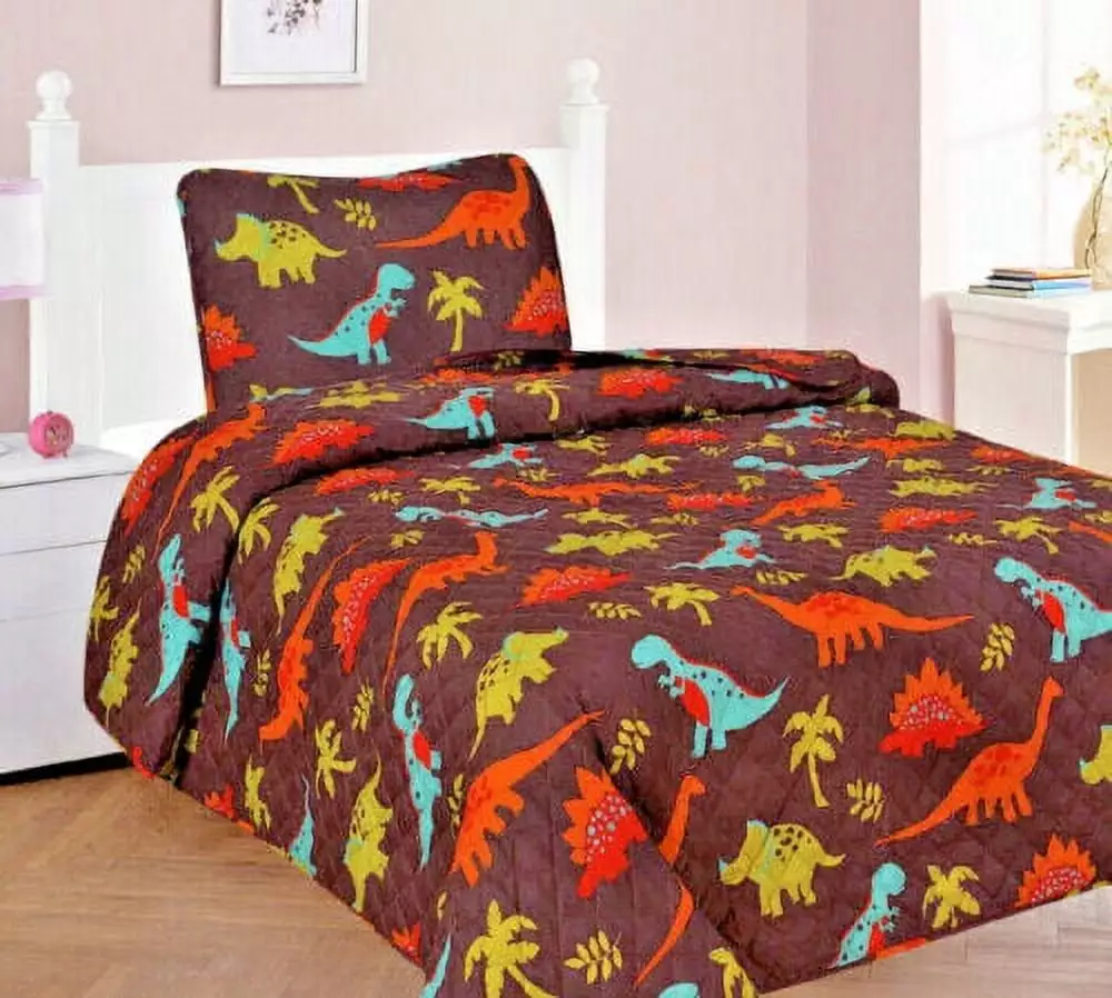 2-PC TWIN DINOSAUR Kids Microfiber Bedding Quilt Set. 1 Print Quilted Coverlet with 1 Matching Pillow Sham Included