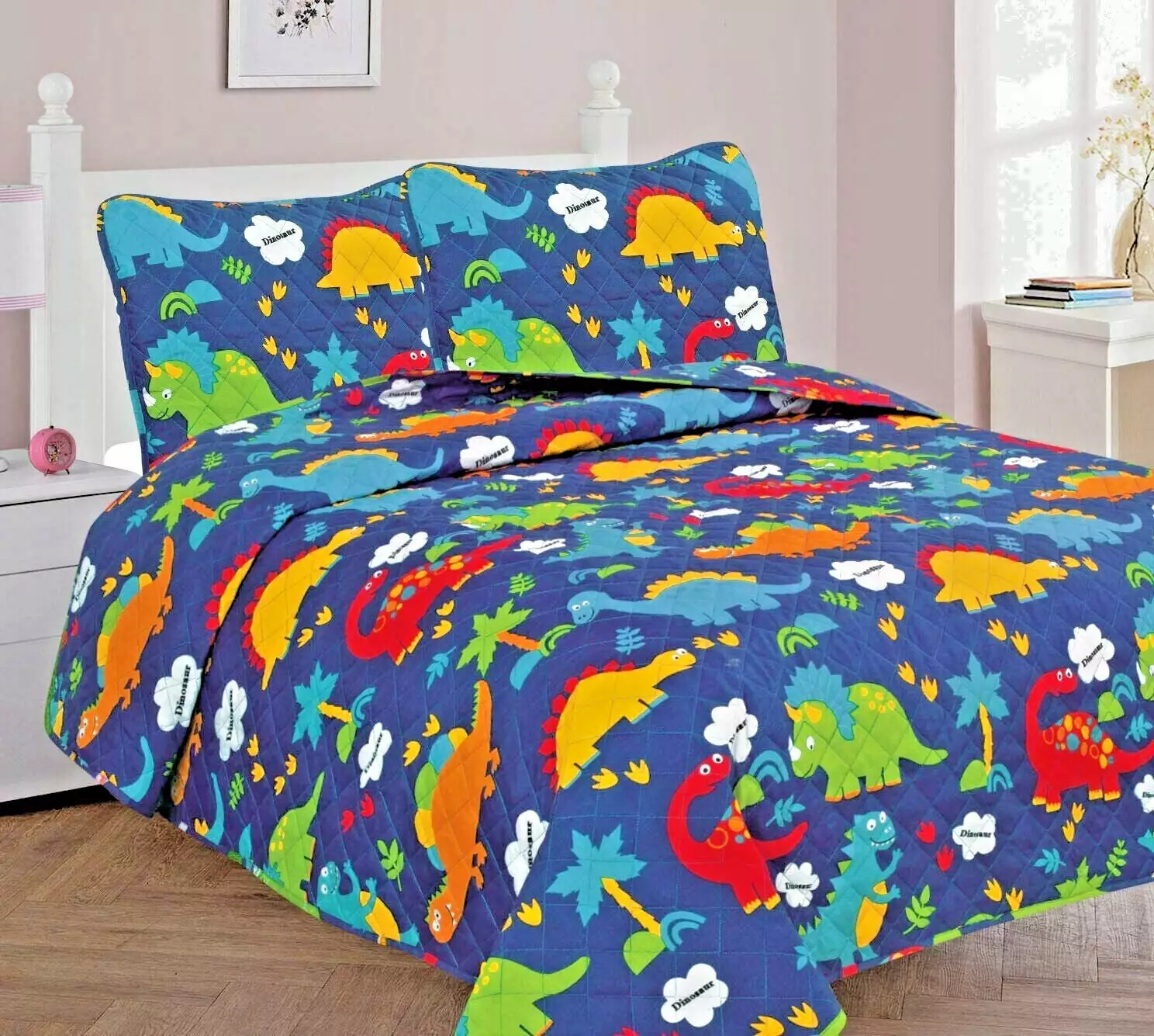 2-PC TWIN DINOSAUR Kids Microfiber Bedding Quilt Set. 1 Print Quilted Coverlet with 1 Matching Pillow Sham Included