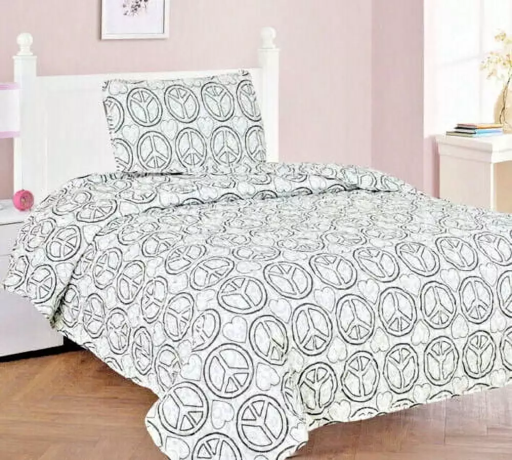 2-PC TWIN PEACE Kids Microfiber Bedding Quilt Set. 1 Print Quilted Coverlet with 1 Matching Pillow Sham Included