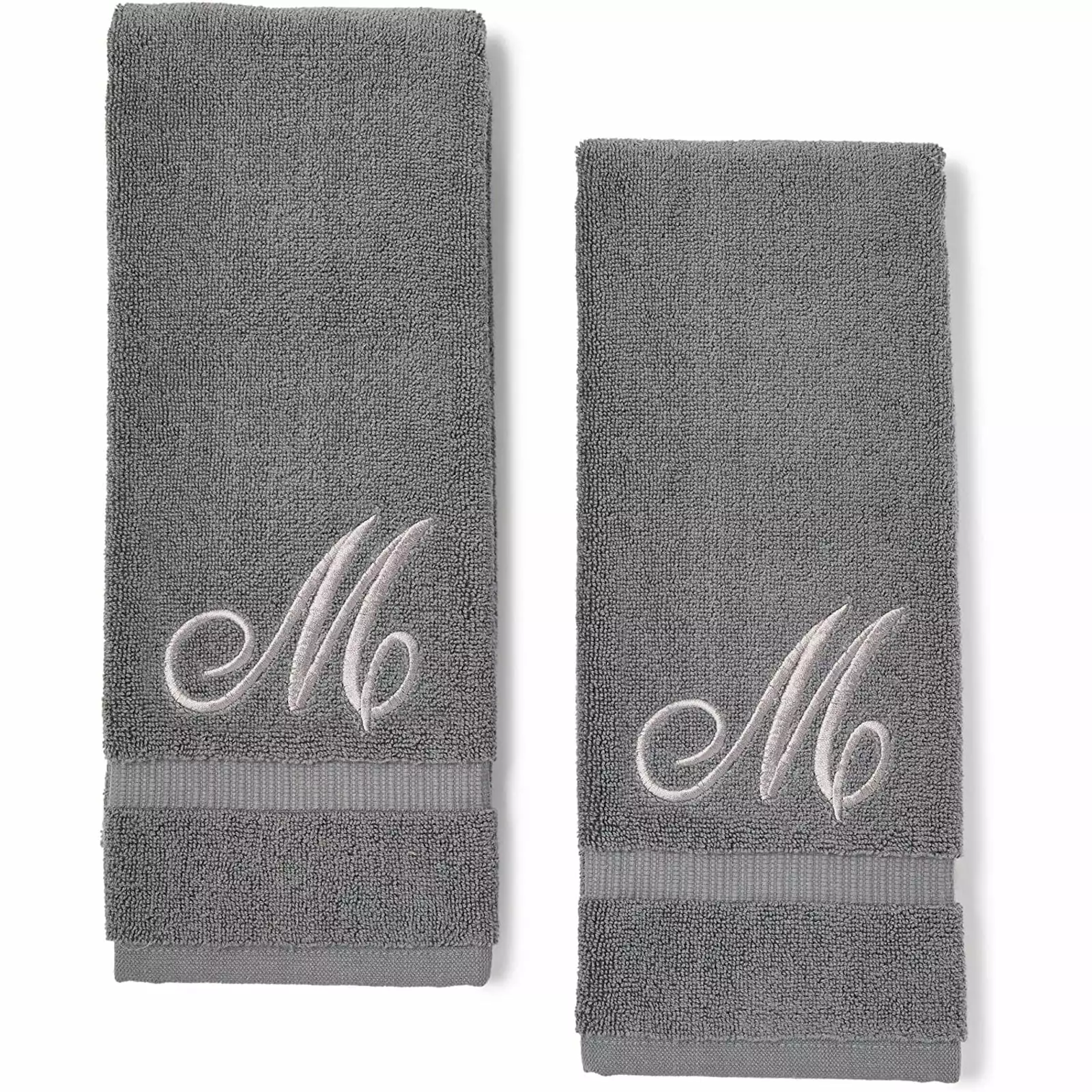 2 Pack Letter M Monogrammed Hand Towels. Gray Cotton Hand Towels with Silver Embroidered Initial M for Wedding Gift. Bridal Shower. Baby Shower. Anniversary (16 x 30 Inches)