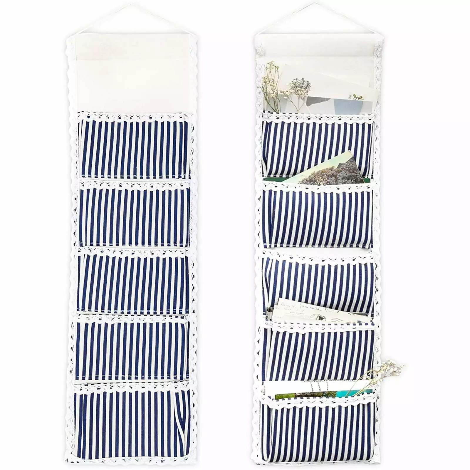 2-Pack Over the Door Closet Wall Hanging Organizer. Wall Mounted Storage Bag Case 5 Pockets Lined Cotton Fabric. Blue Stripes 8x26