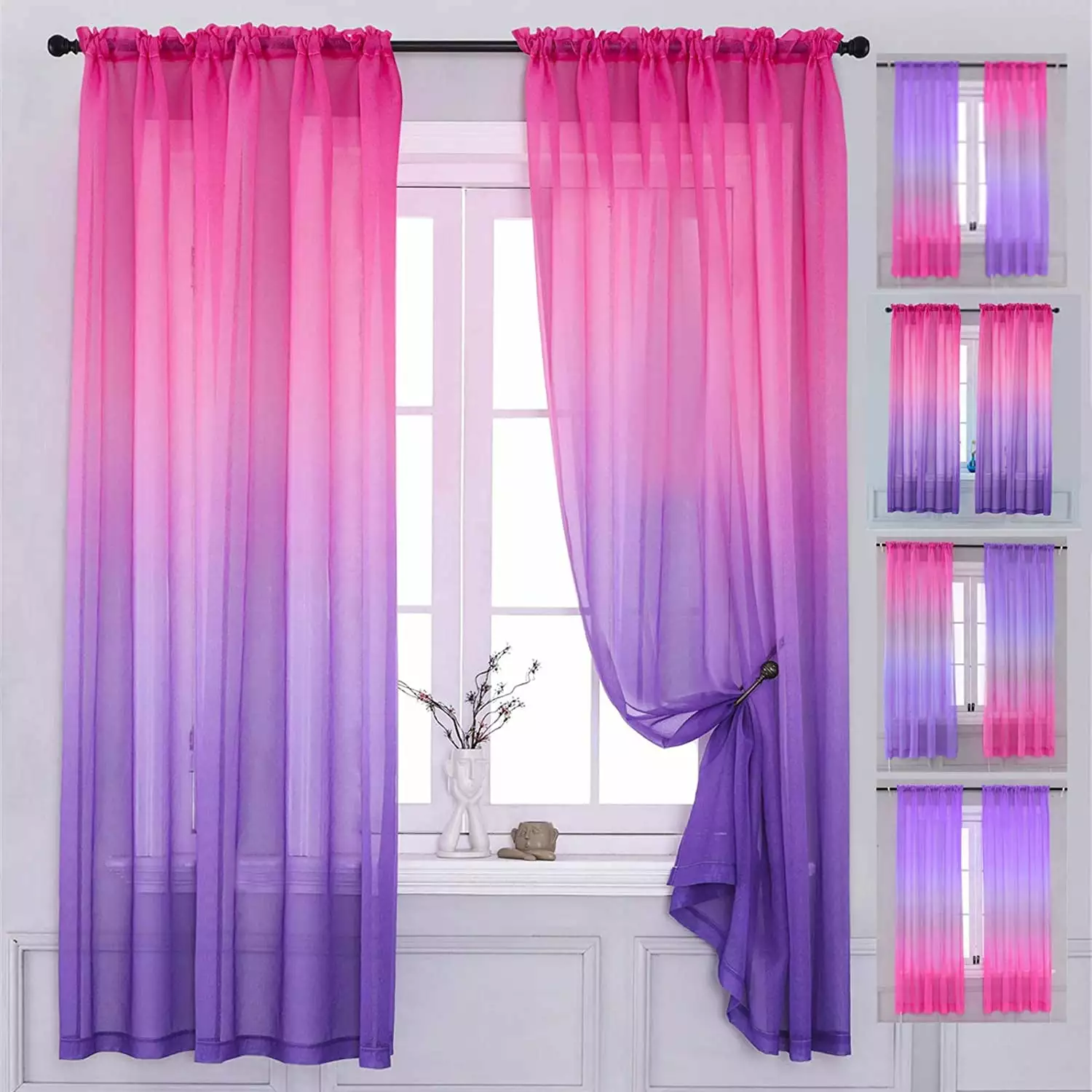 2 Panel Sets Bedroom Curtains 63 inch Length Sheer Curtain Pink Purple Ombre Curtains Rod Pocket Drapes for Girls Living Room Mermaid Bedroom Nursery Kid Window Decor(Pink Purple. 40x63)