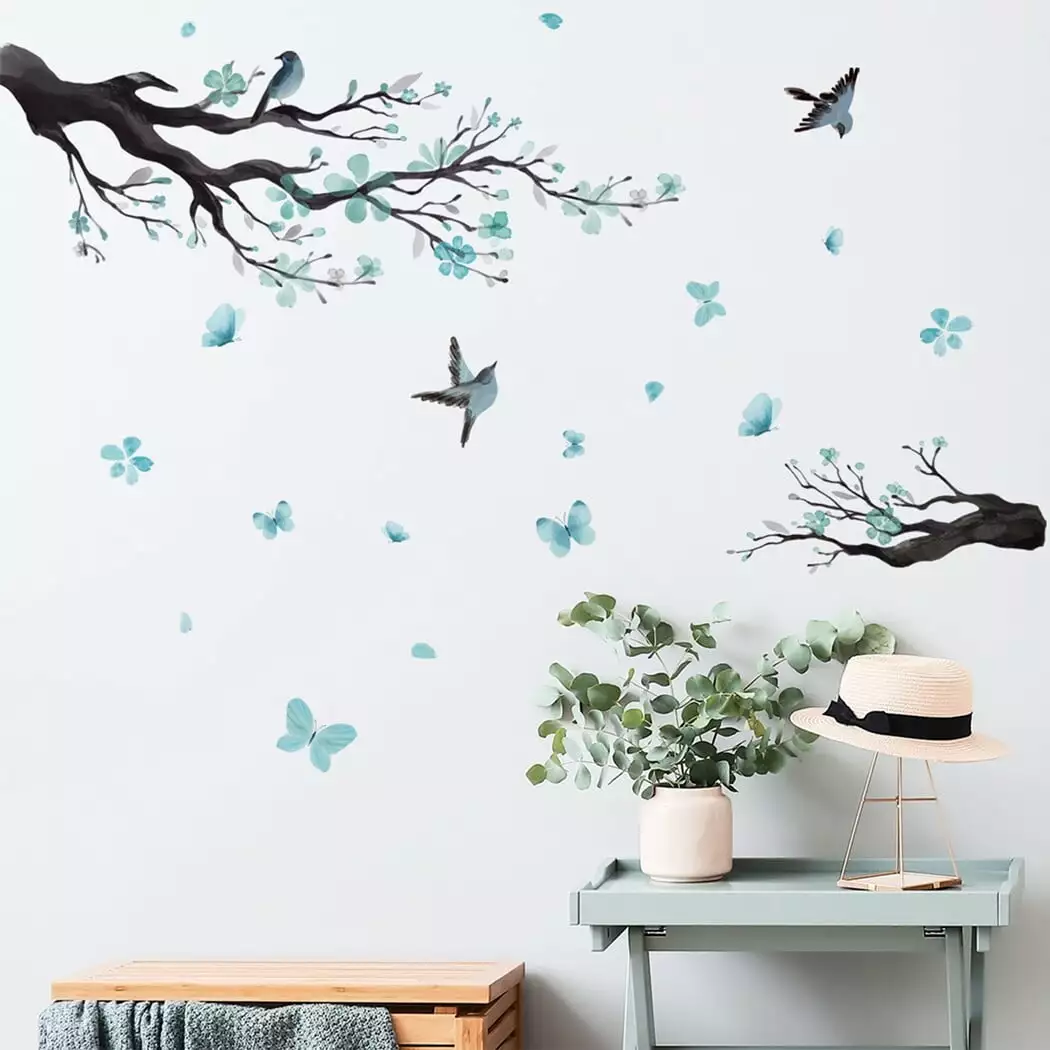 2 Pcs Flower Tree Branch Wall Decal. Waterproof Self Adhesive Wall Sticker. Removable Wall Art Decal. Bird Butterfly Home Wall Decoration for Living Room Bedroom Office Nursery Dormitory