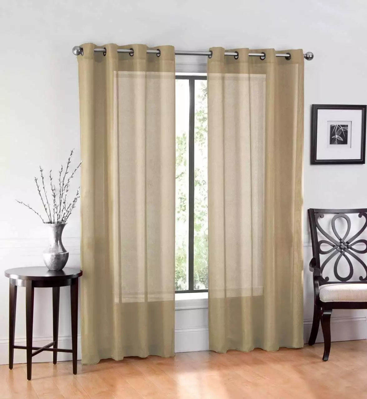 2 Piece Delux High Woven Thread Window Sheer Curtains Grommet Panels 54 X 84 Total 108 X 84 Inch Length for Bedroom/Living Room Color: Tan