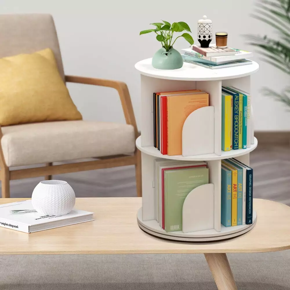 2-Tiers Bookshelf 360?? Rotating Bookcase - Round Bookcase Storage Shelf Display Rack.White for Home Office Living Room