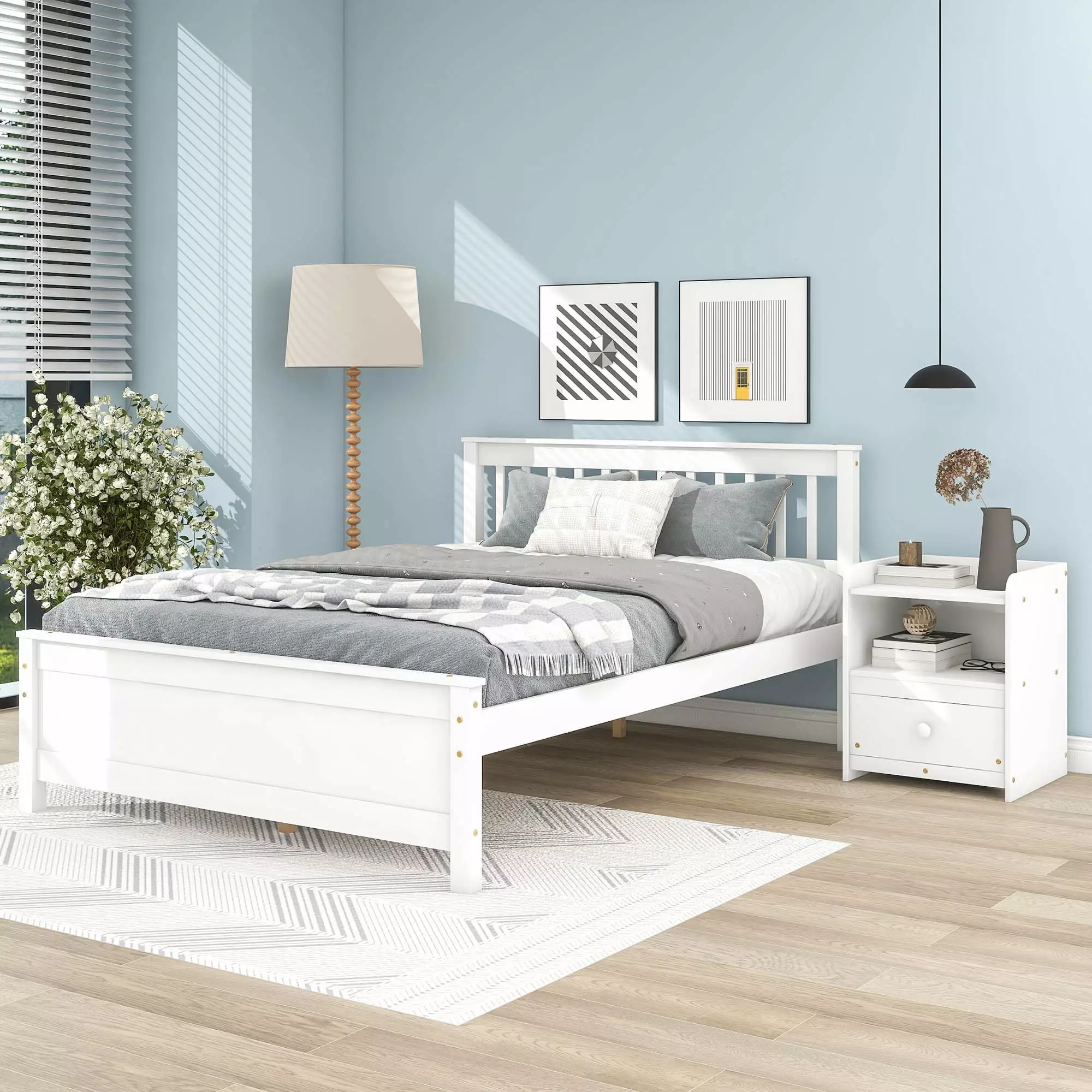 2-piece Bedroom Furniture Sets with a Nightstand for Boys and Girls. Full Size Wood Bed Frame with Headboard and Footboard for Kids Teens Adults. White