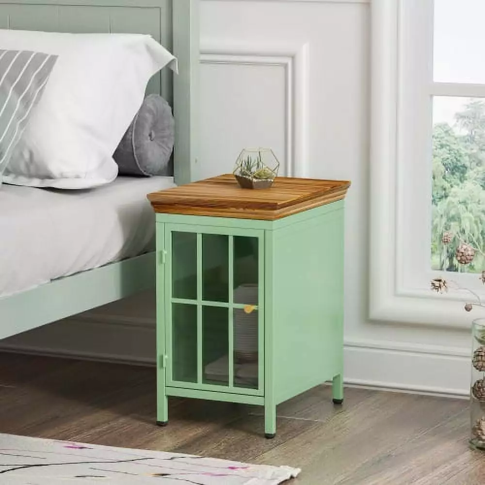 20 INCH Night Stand. Bedside Table. Mint Green with Solid Wood Top. Rectangle End Table with Storage Cabinet for Bedroom and Living Room. Mint-Set of 1