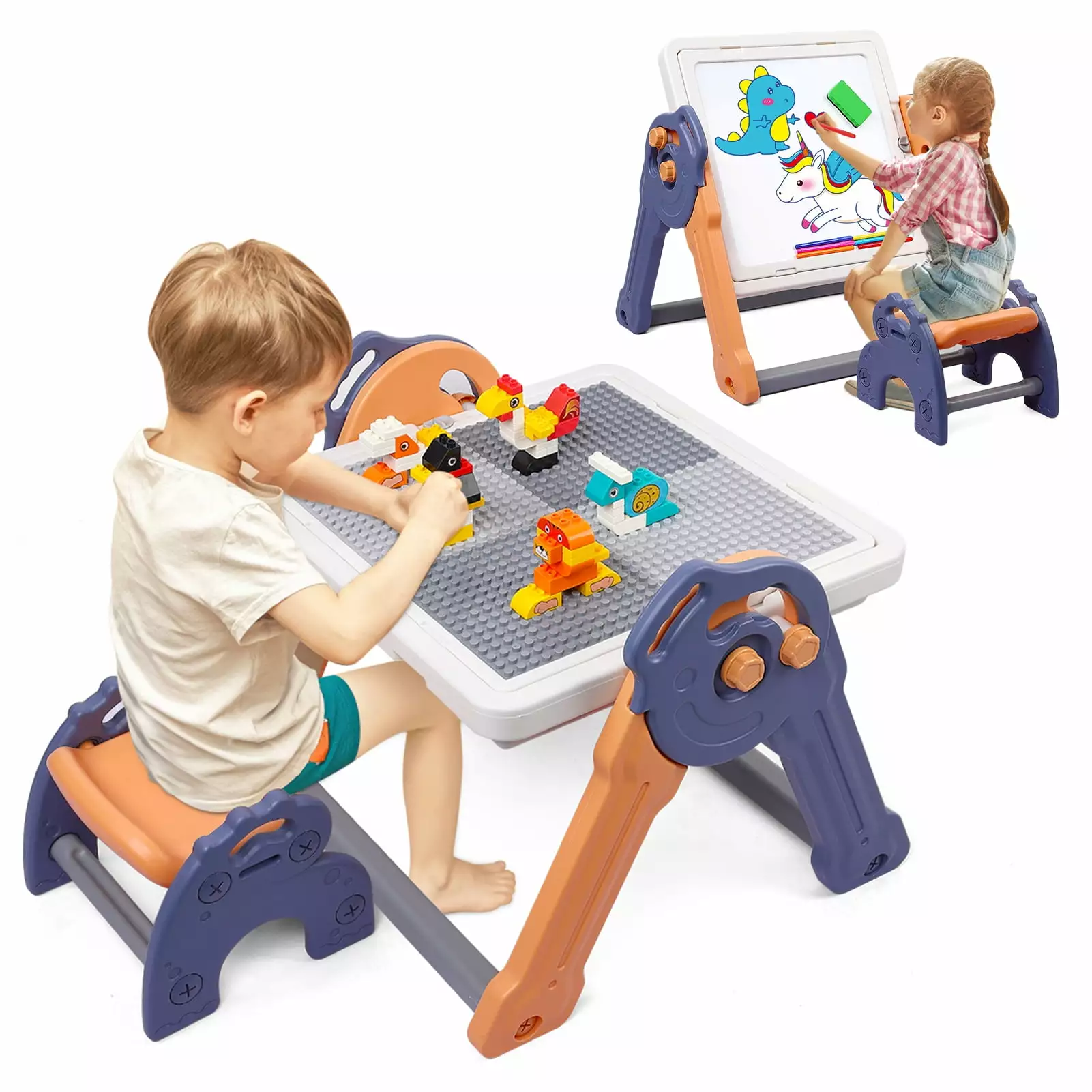 DSstyles 8-in-1 Kids Table and Chair Set. Foldable Kids Activity Table for Toddlers 1-3 3-5. Toddler Activity Table Building Block Table with Whiteboard. Water Table Sand Table Sensory Table