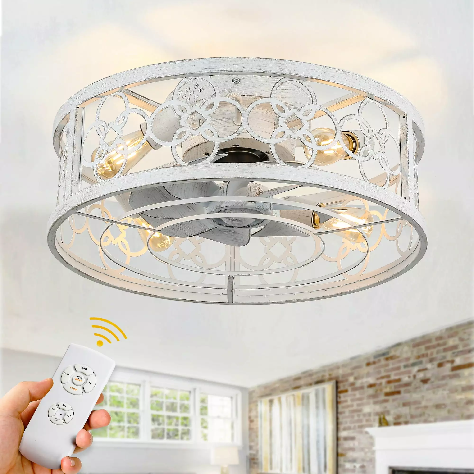 20Inch Distressed White Flush Mount Ceiling Fan. 3-Speed Classic Round Low Profile Metal Caged Ceiling Fan with Remote Control and Light Kit