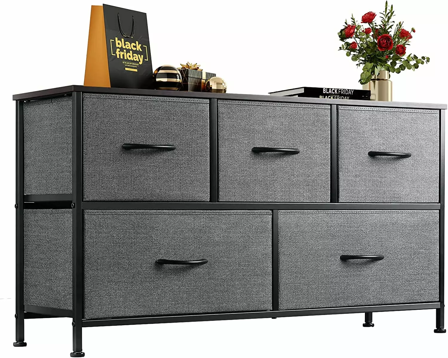 5-Drawer Dresser for Bedroom. Wide Chest of Drawers. Fabric Dresser. Storage Organizer Unit with Fabric Bins for Closet. Living Room. Hallway. Nursery. Dark Grey