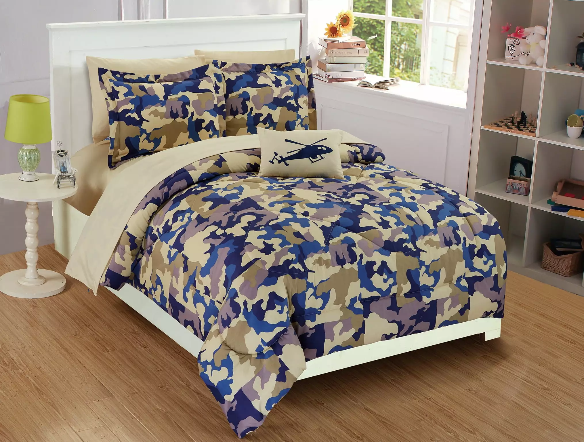 Fancy Linen Collection 6 pc Twin Size Camouflage Blue Beige Kids /teens Comforter set