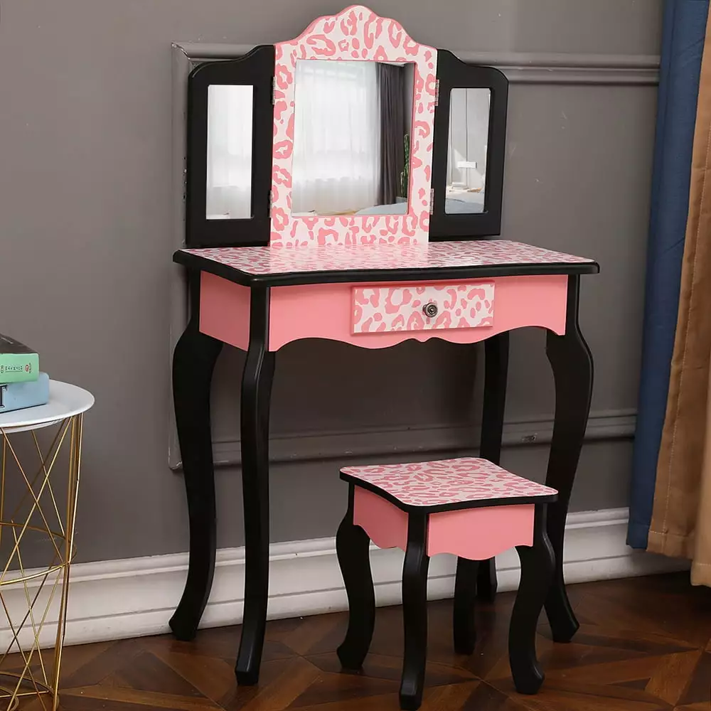 IVV Three-Fold Mirror Single Drawer Arc Feet Children Dresser. Black - Pink Leopard Print Type