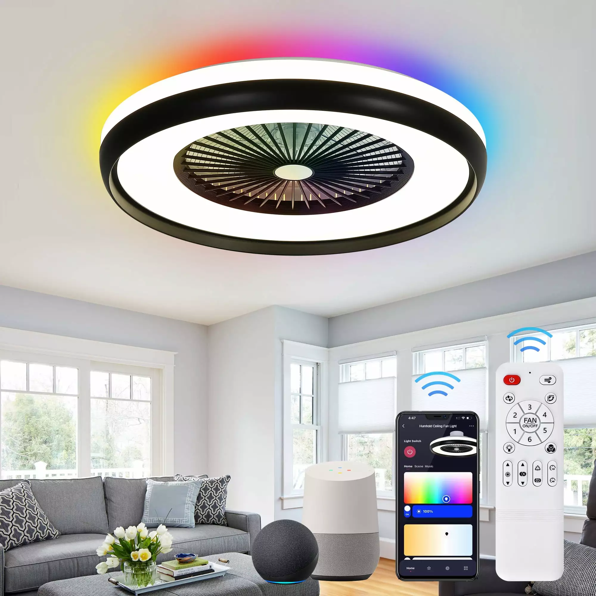 24 Ceiling Fan with Light. Flush Mount Ceiling Fan with Alexa/Google Assistant/App/Remote Control. Smart 3 Color Dimmable and LED-RGB Back Ambient Light. 6 Speeds Timing